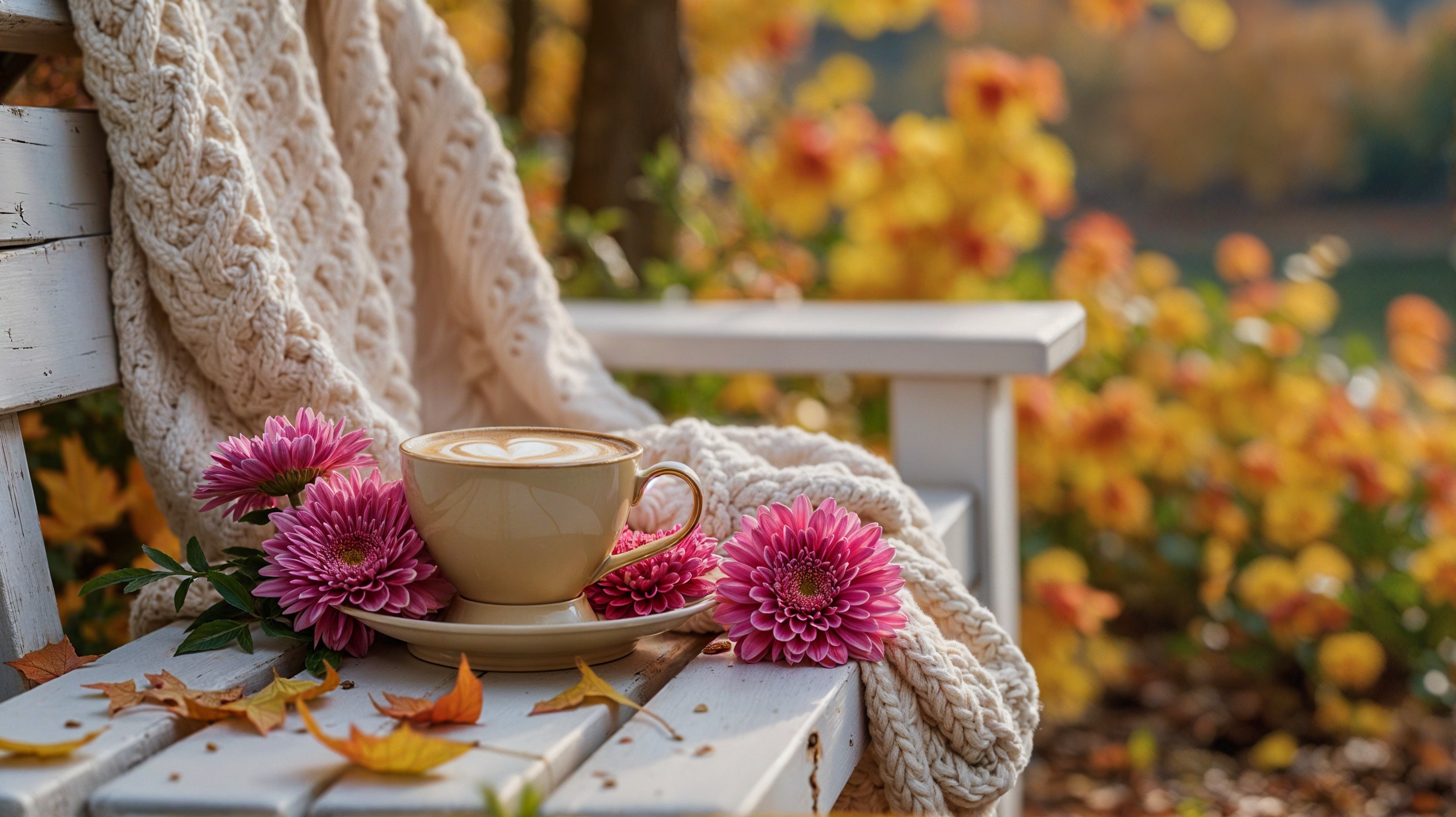 Cozy White Bench Surrounded by Autumn Foliage