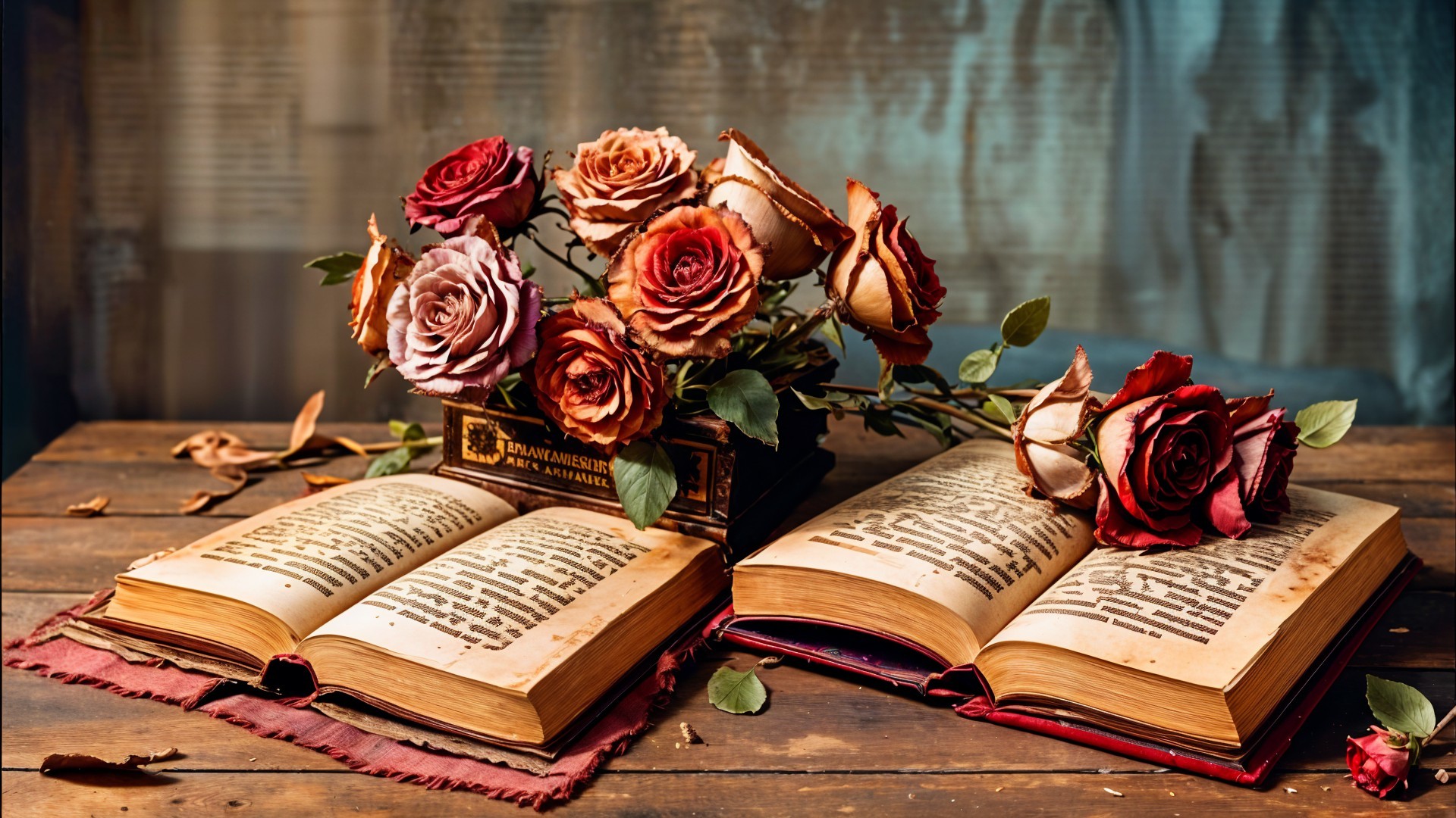 Rustic Table with Open Books and Dried Roses