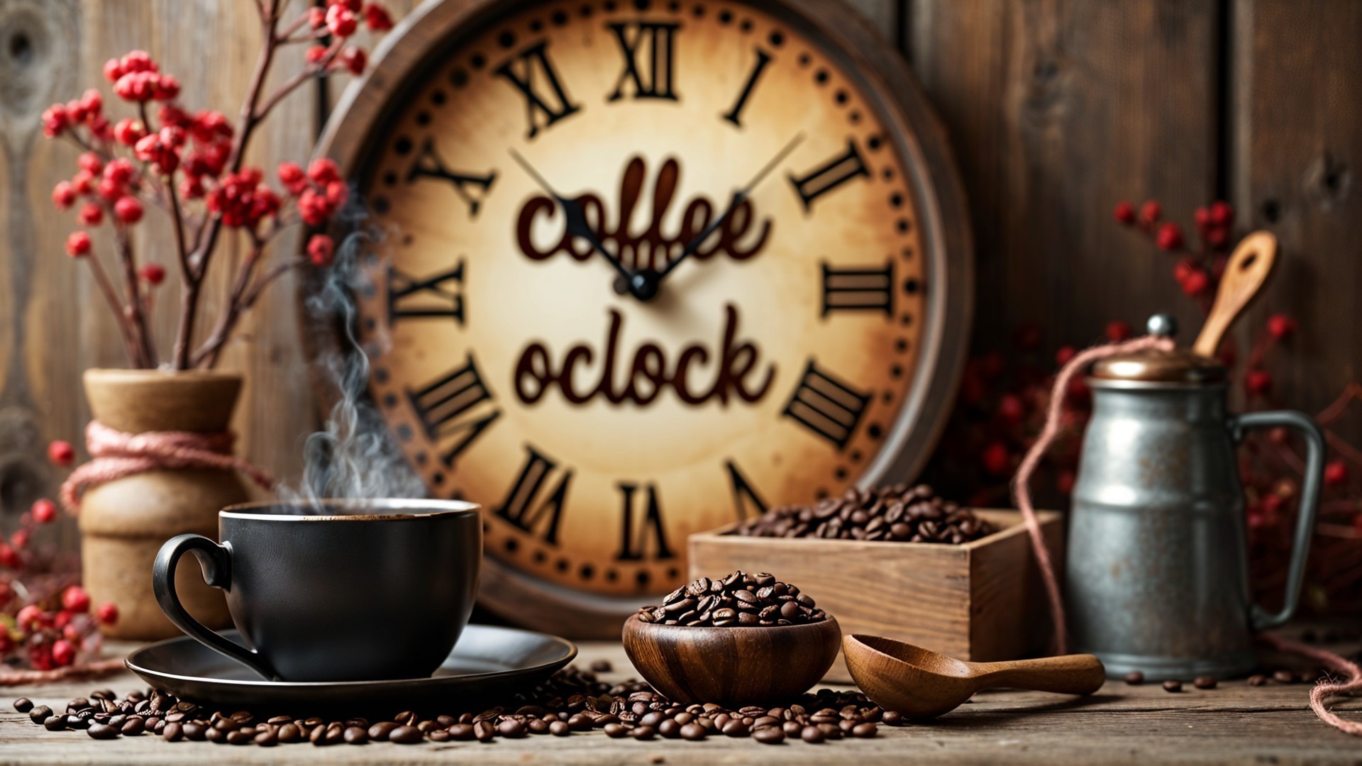 Cozy Coffee Scene with Beans and Rustic Decor