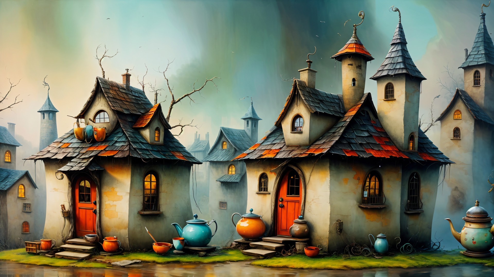 Whimsical Village with Fairy-Tale Cottages and Teapots