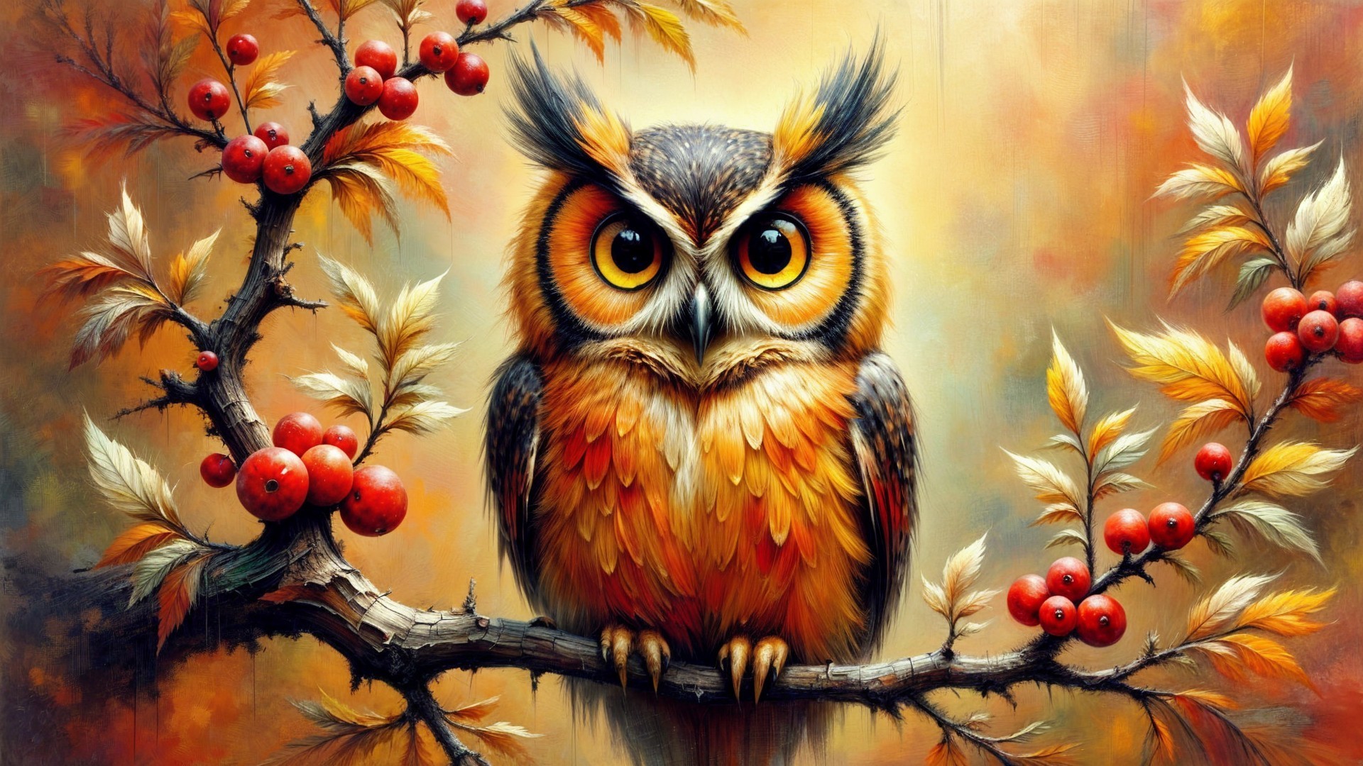 Majestic owl with orange feathers on a branch