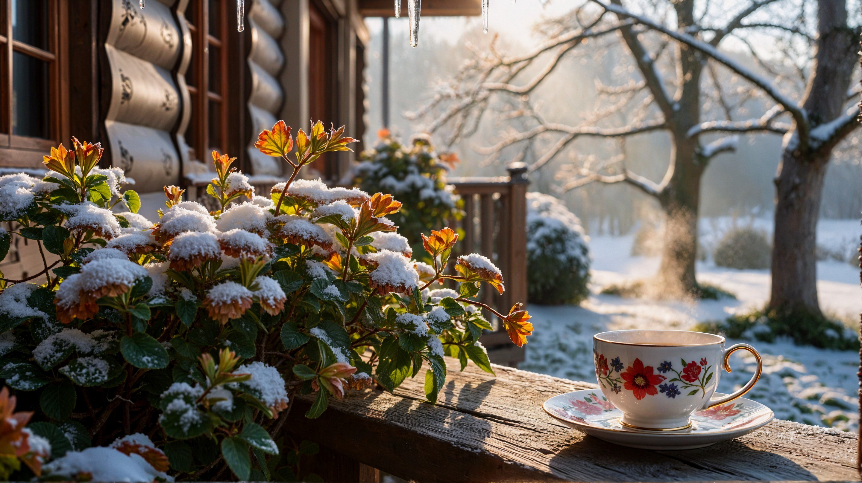 Cozy Cabin in Serene Winter Landscape with Flowers