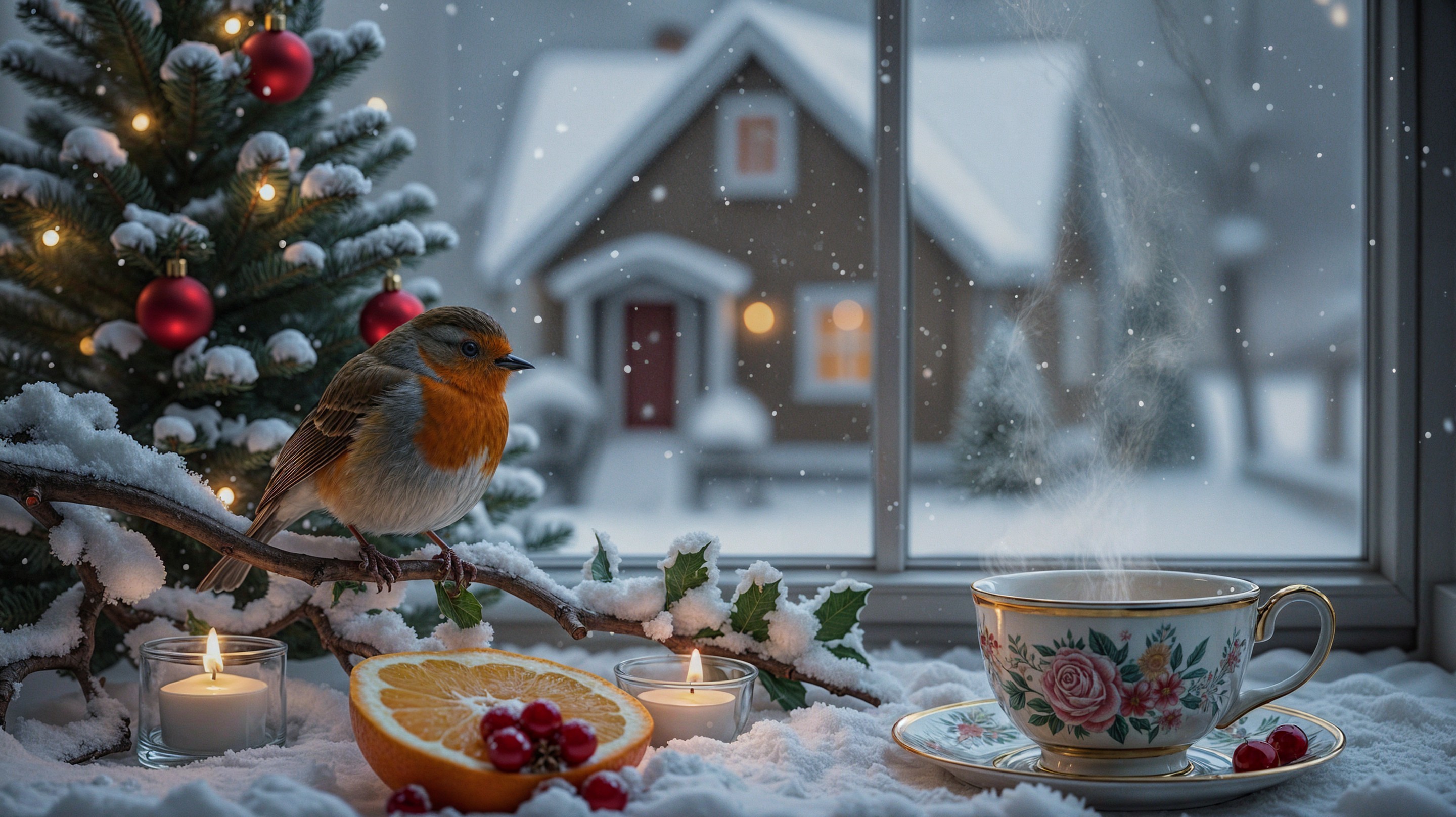 Cozy Winter Scene with Bird and Festive Decor