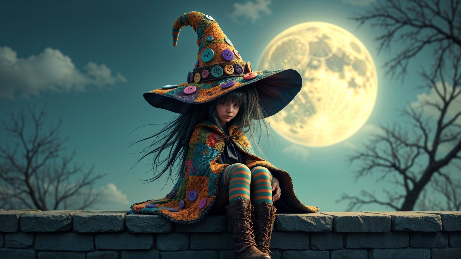 Young girl in witch hat on stone wall at night