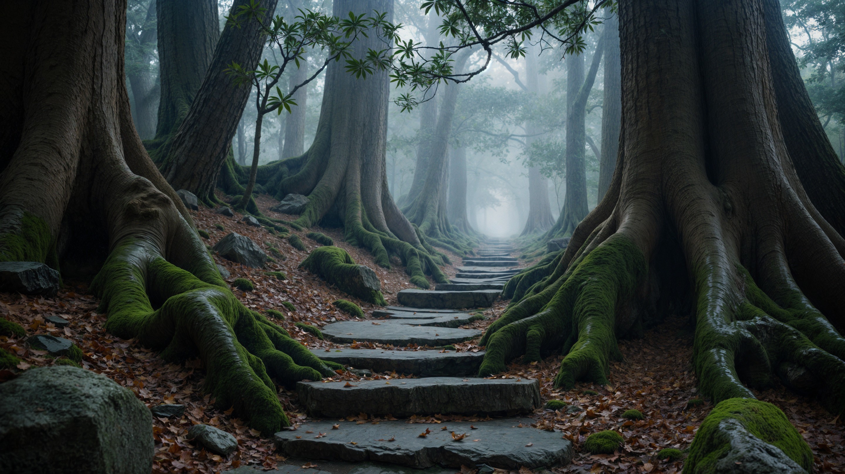 Serene Forest Path Surrounded by Towering Trees