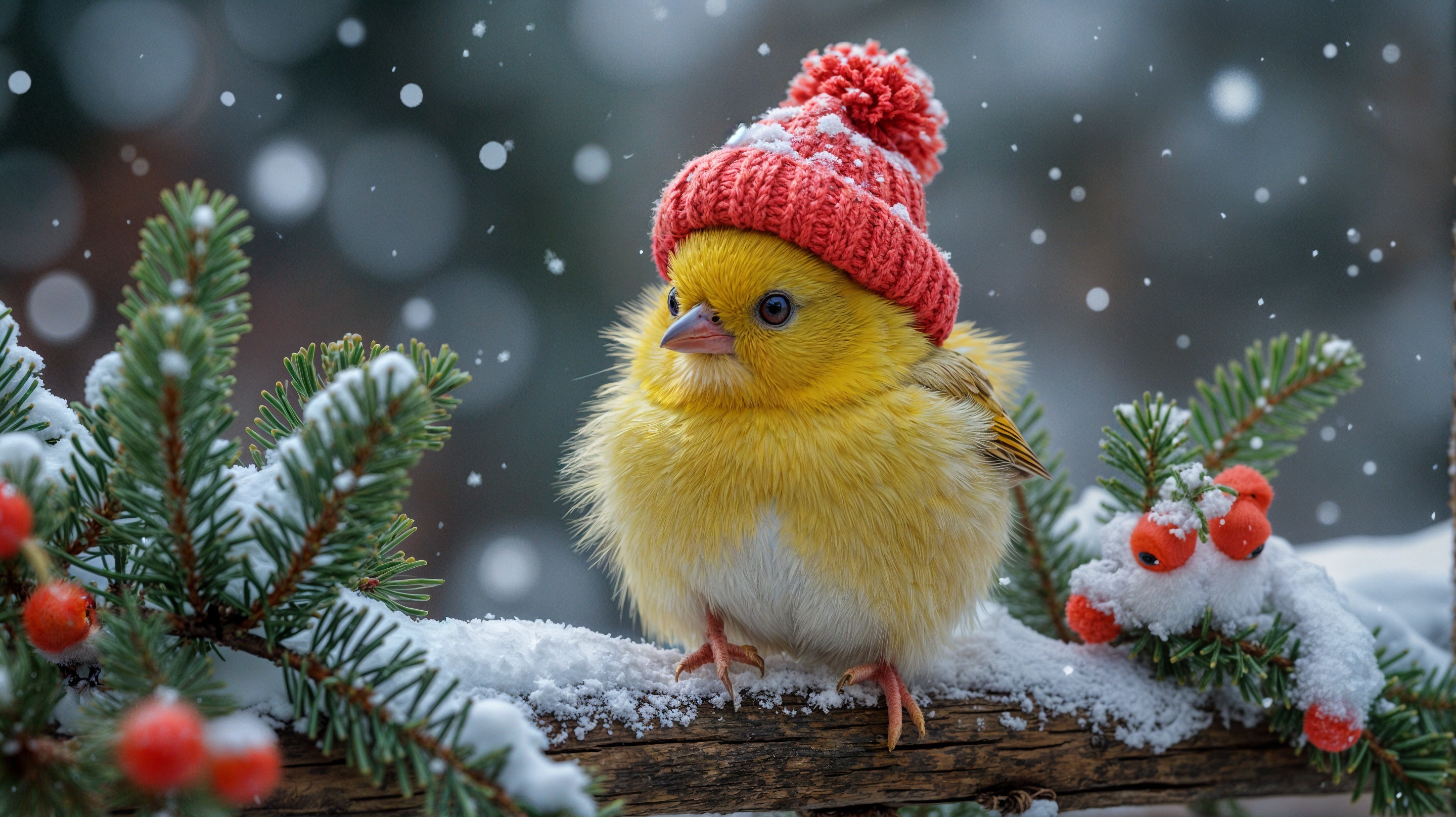 Yellow Bird on Snowy Branch with Red Hat and Snowflakes