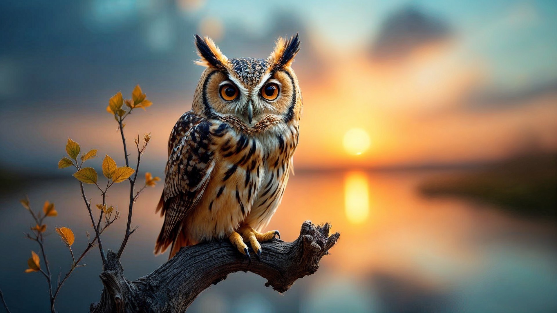 Majestic Owl at Sunset Over Calm Waters