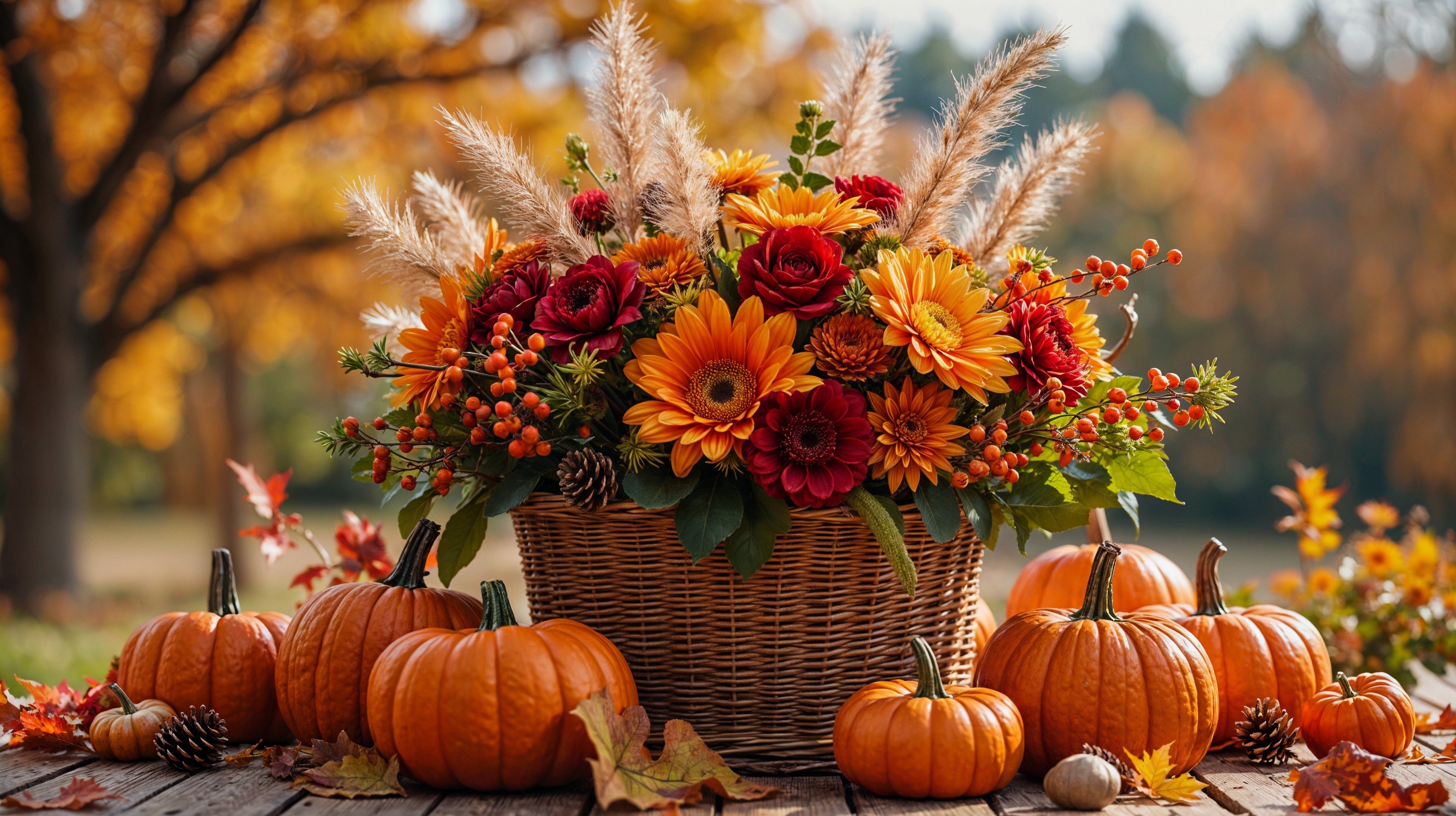Autumn Floral Arrangement with Pumpkins and Leaves