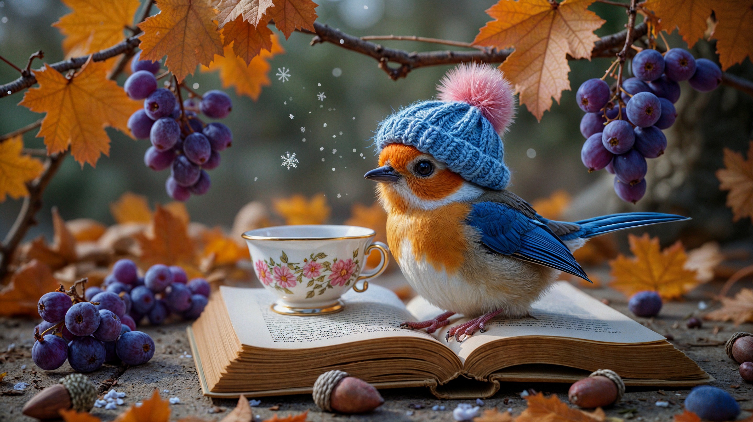 Bluebird in Knitted Hat on Book with Autumn Decor