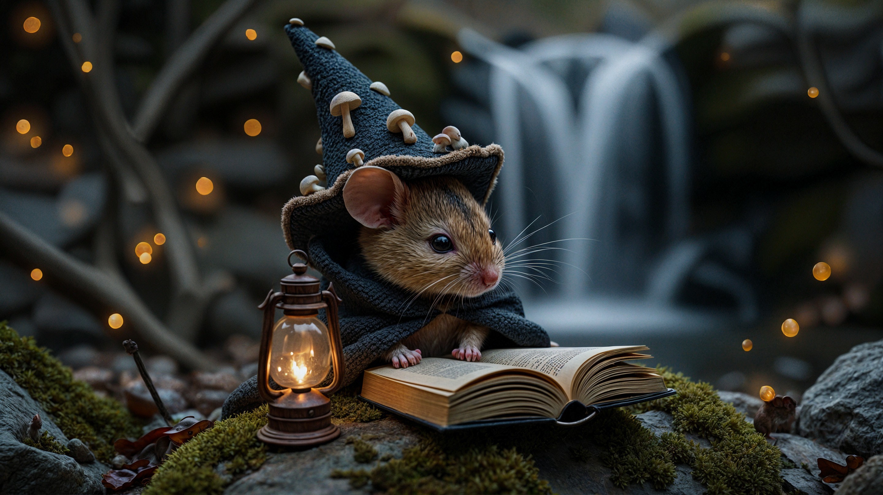 Mouse in Wizard Hat by Waterfall with Fairy Lights