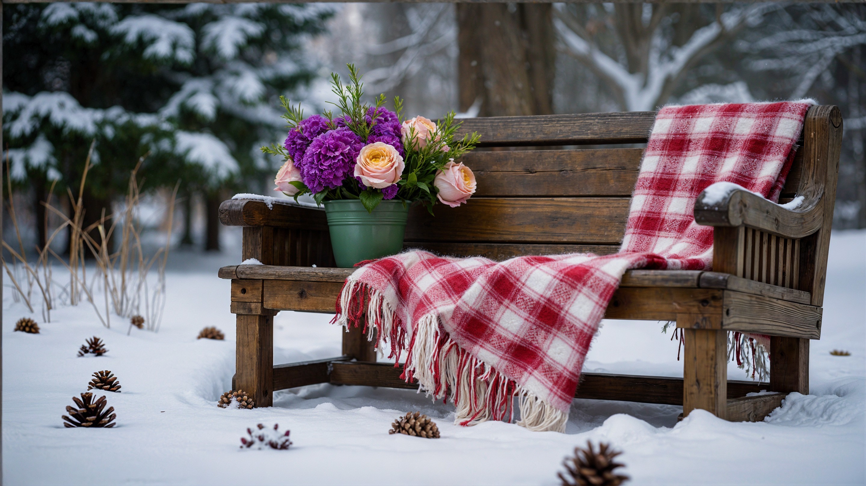 Rustic Wooden Bench in Snowy Landscape with Flowers