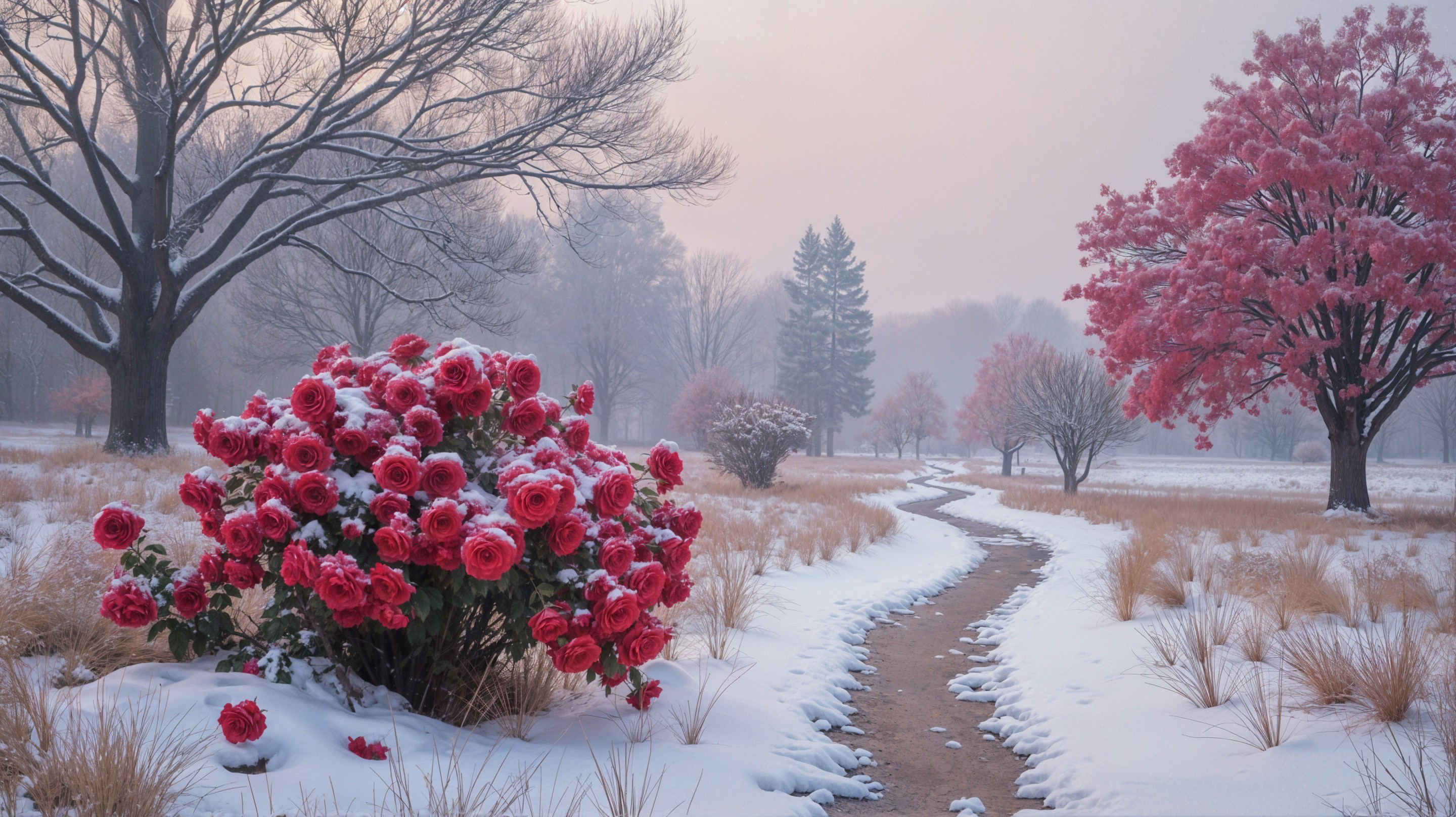 Winter Landscape with Snowy Path and Rose Bushes