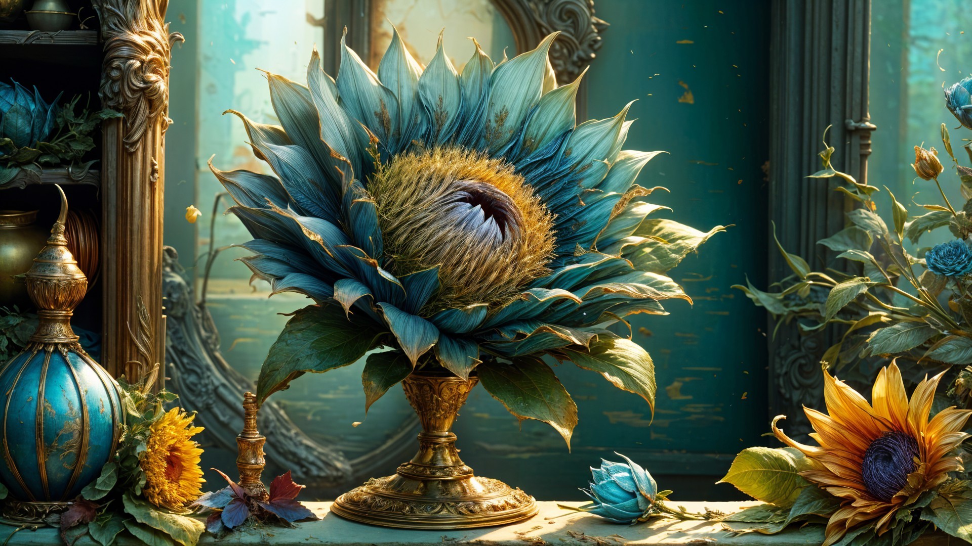Oversized sunflower in ornate vase with colorful flowers