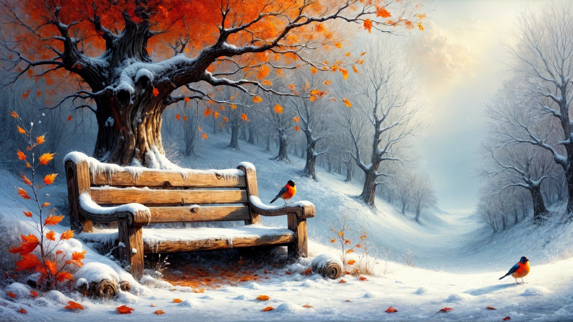 Wooden Bench in Snowy Winter Landscape with Trees