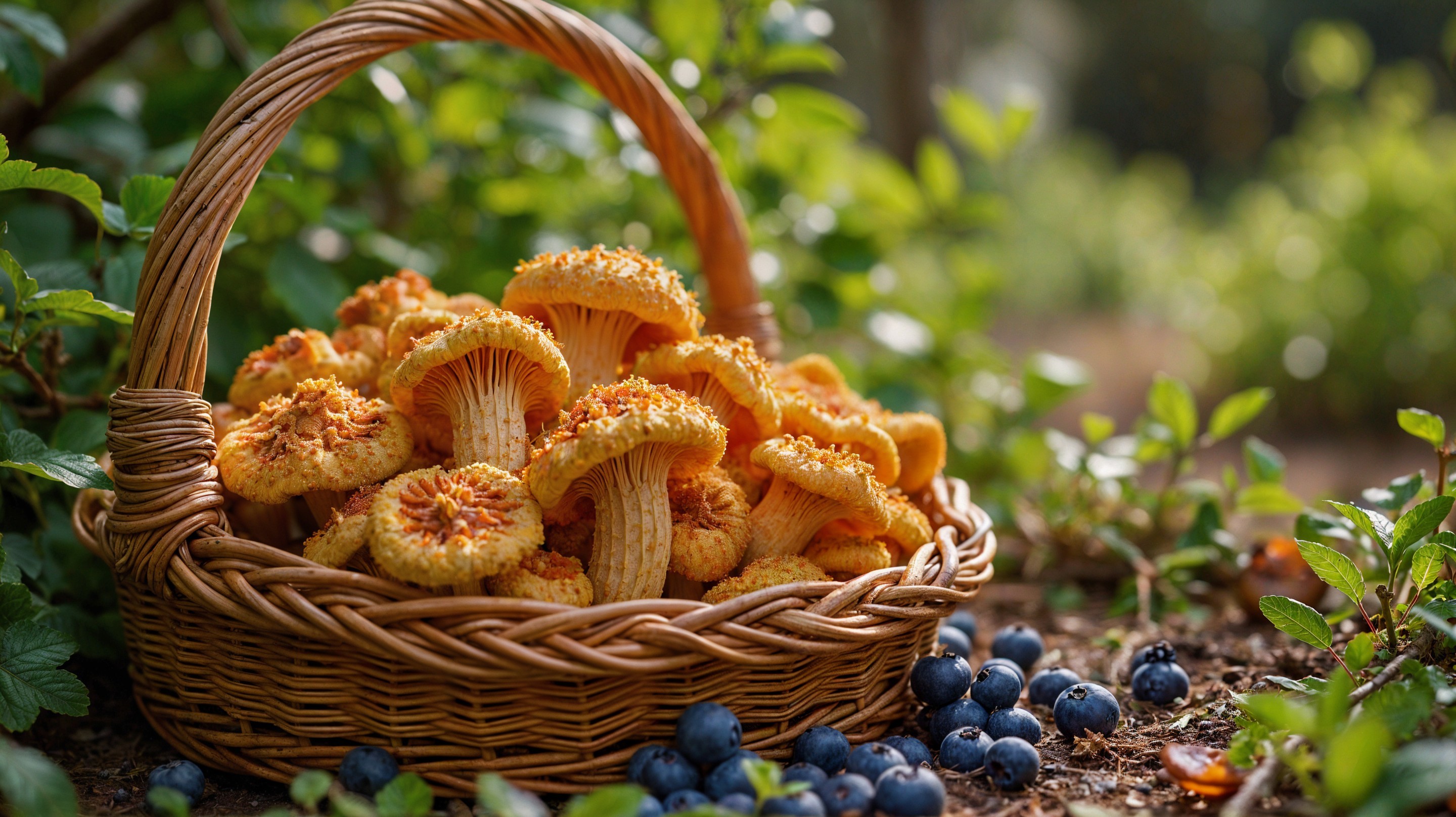 Woven Basket with Golden Mushrooms and Blueberries