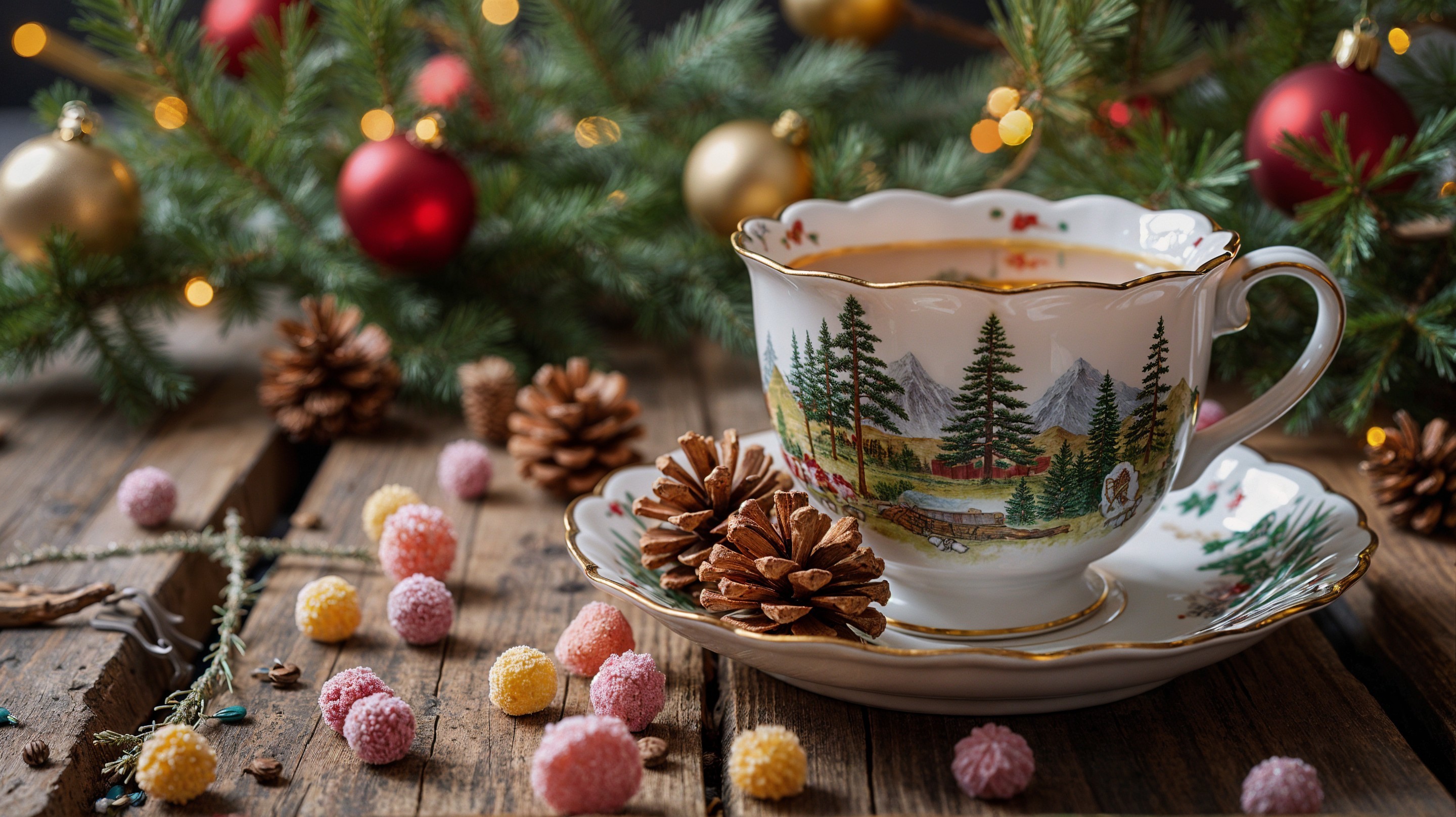 Porcelain Teacup and Saucer with Festive Decor