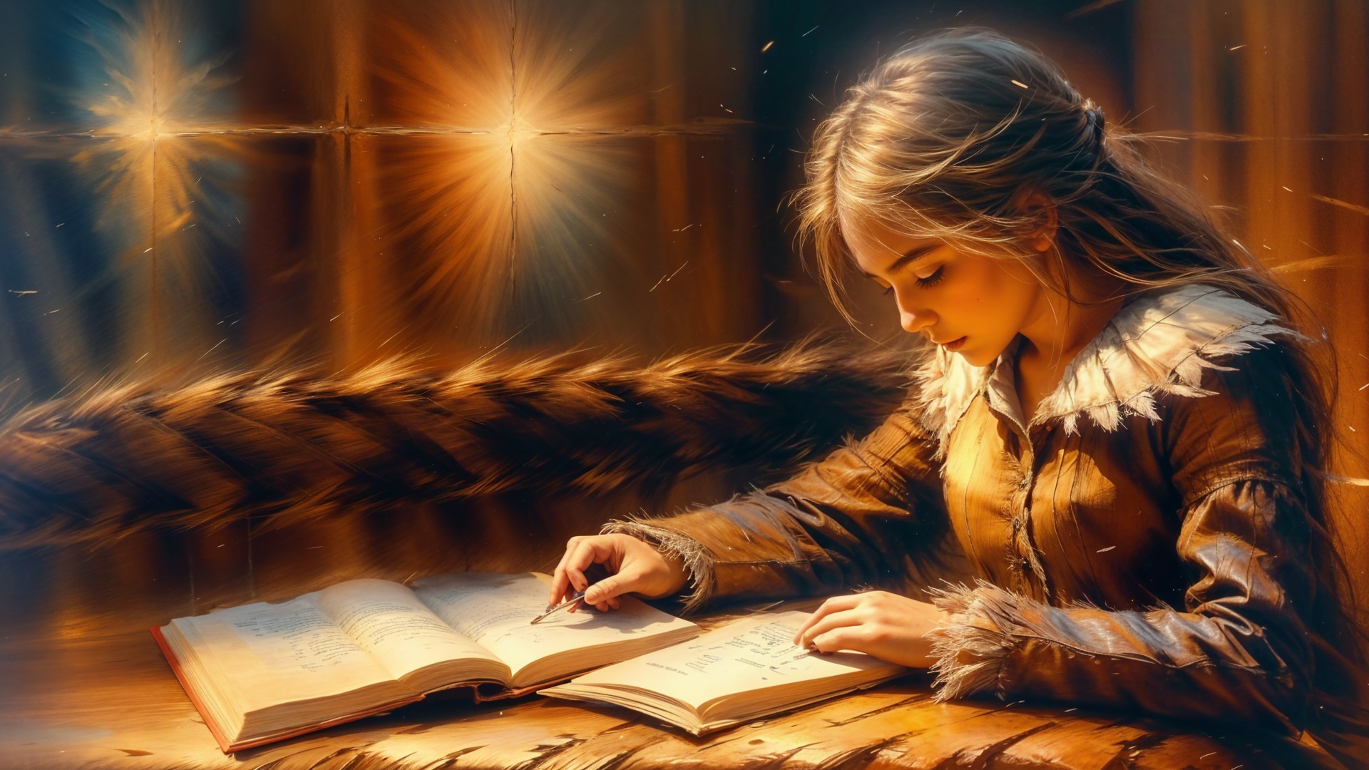 Young girl writing in a cozy, dimly lit room