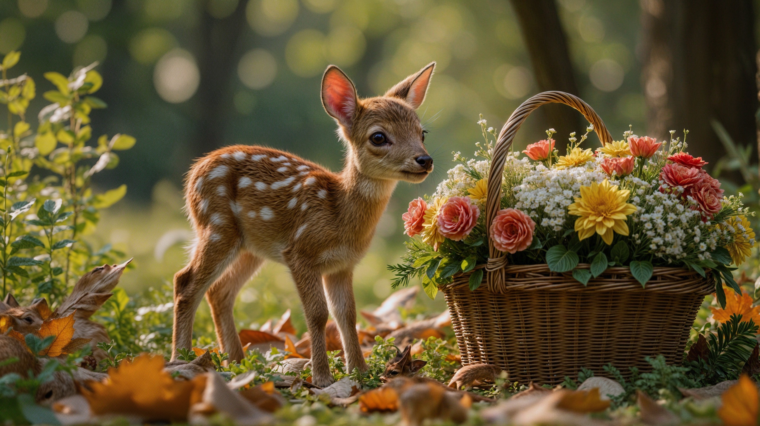 Fawn Beside Flower Basket in Serene Forest Setting