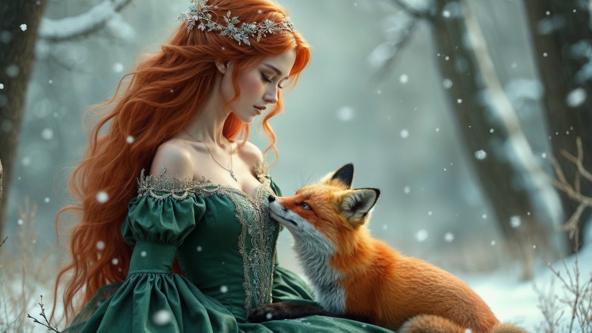 Snowy Forest Scene with Woman and Fox in Gown