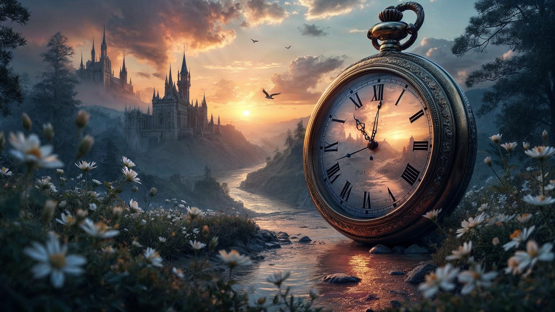 Ornate pocket watch in serene landscape with castle