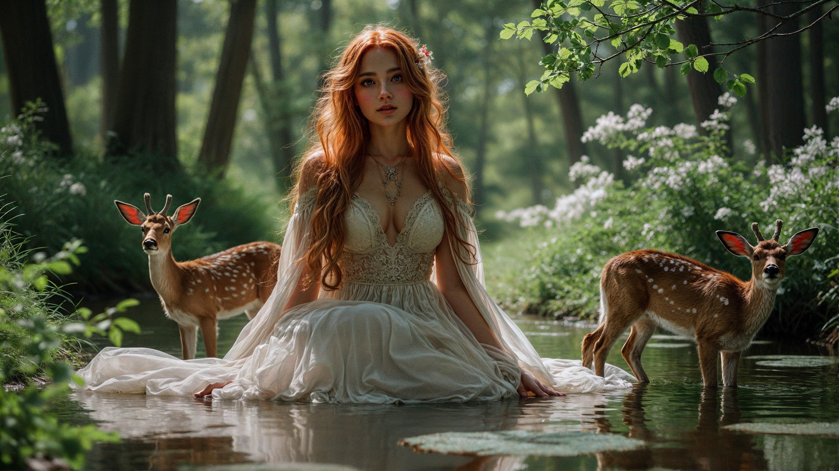 Young Woman in White Gown Sitting in Forest Stream