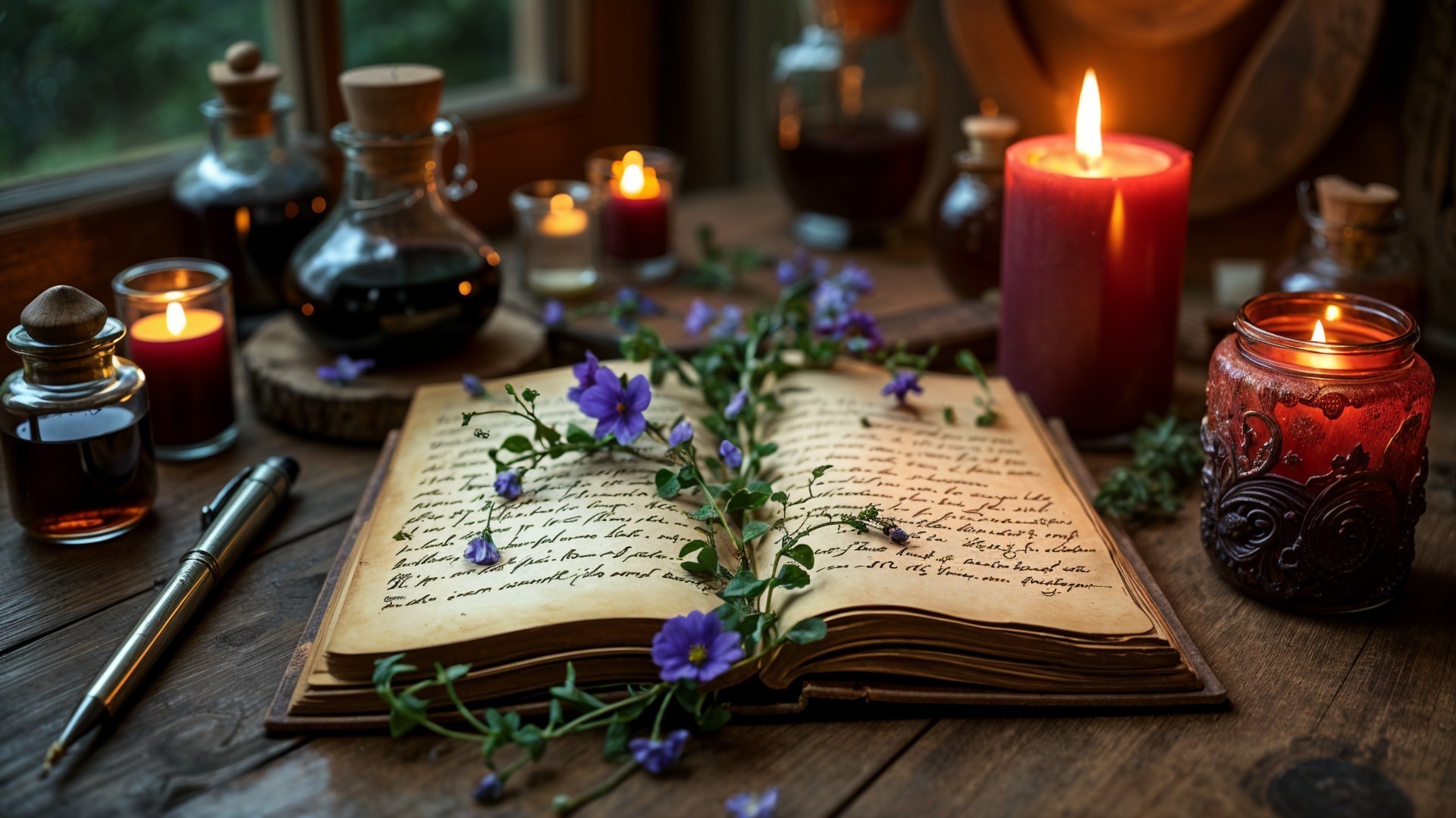 Antique Book on Rustic Table with Colored Bottles