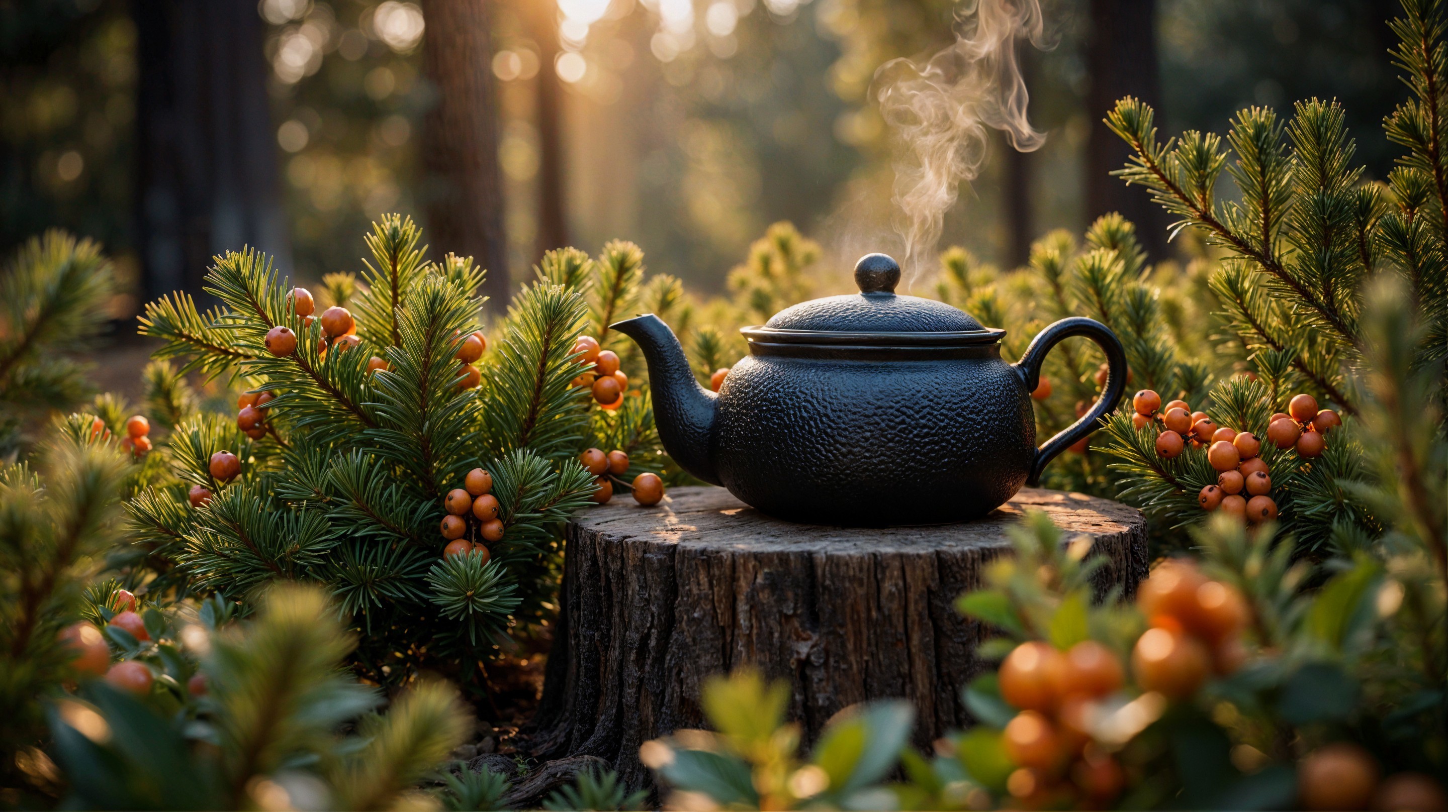 Black Teapot on Rustic Stump in Serene Forest Setting