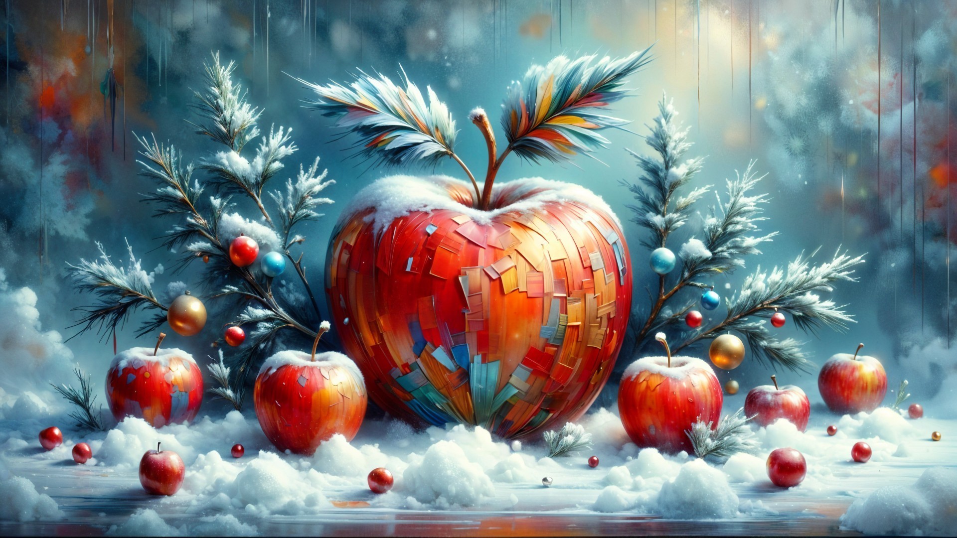 Oversized Mosaic Apple in a Festive Winter Scene