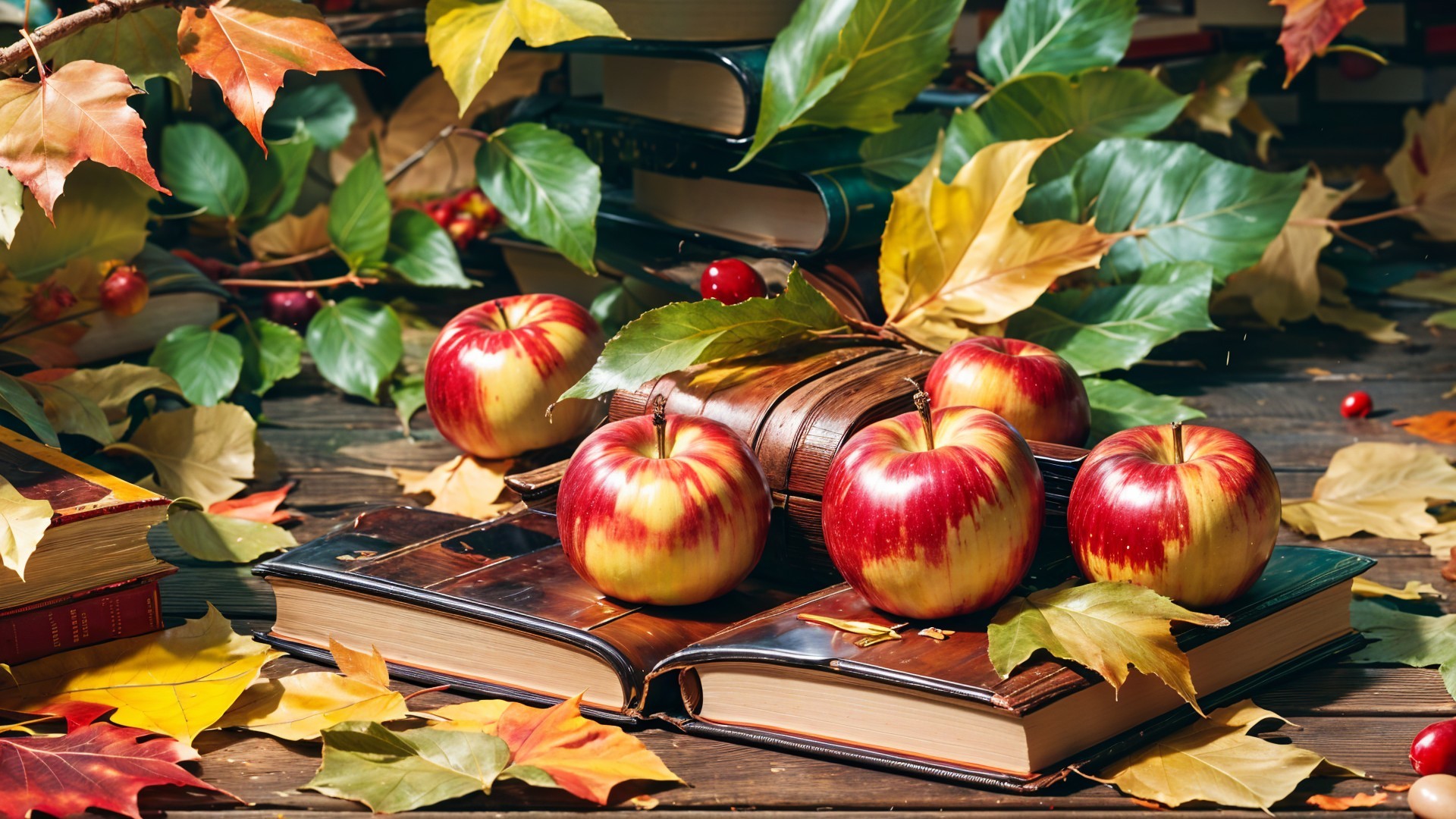 Autumn Scene with Apples and Vintage Books