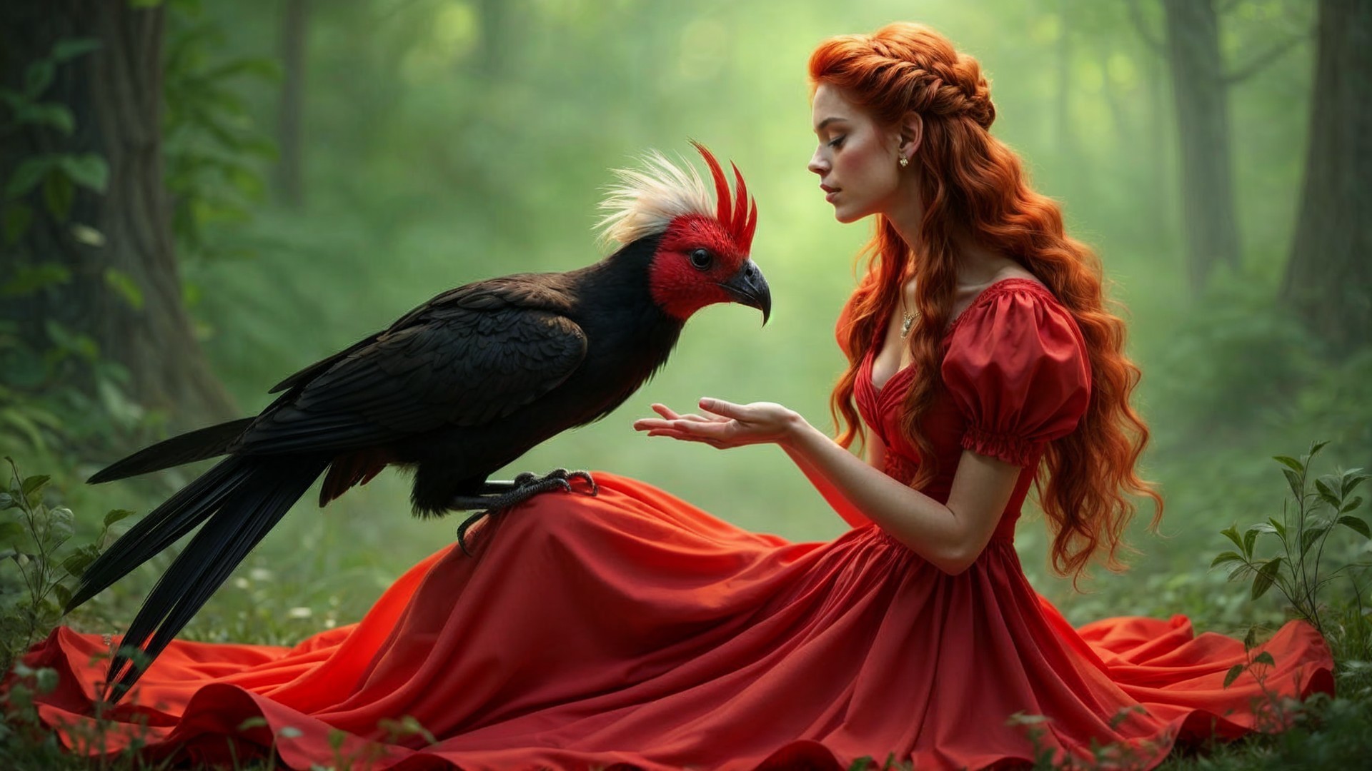 Young woman and bird in a vibrant forest setting