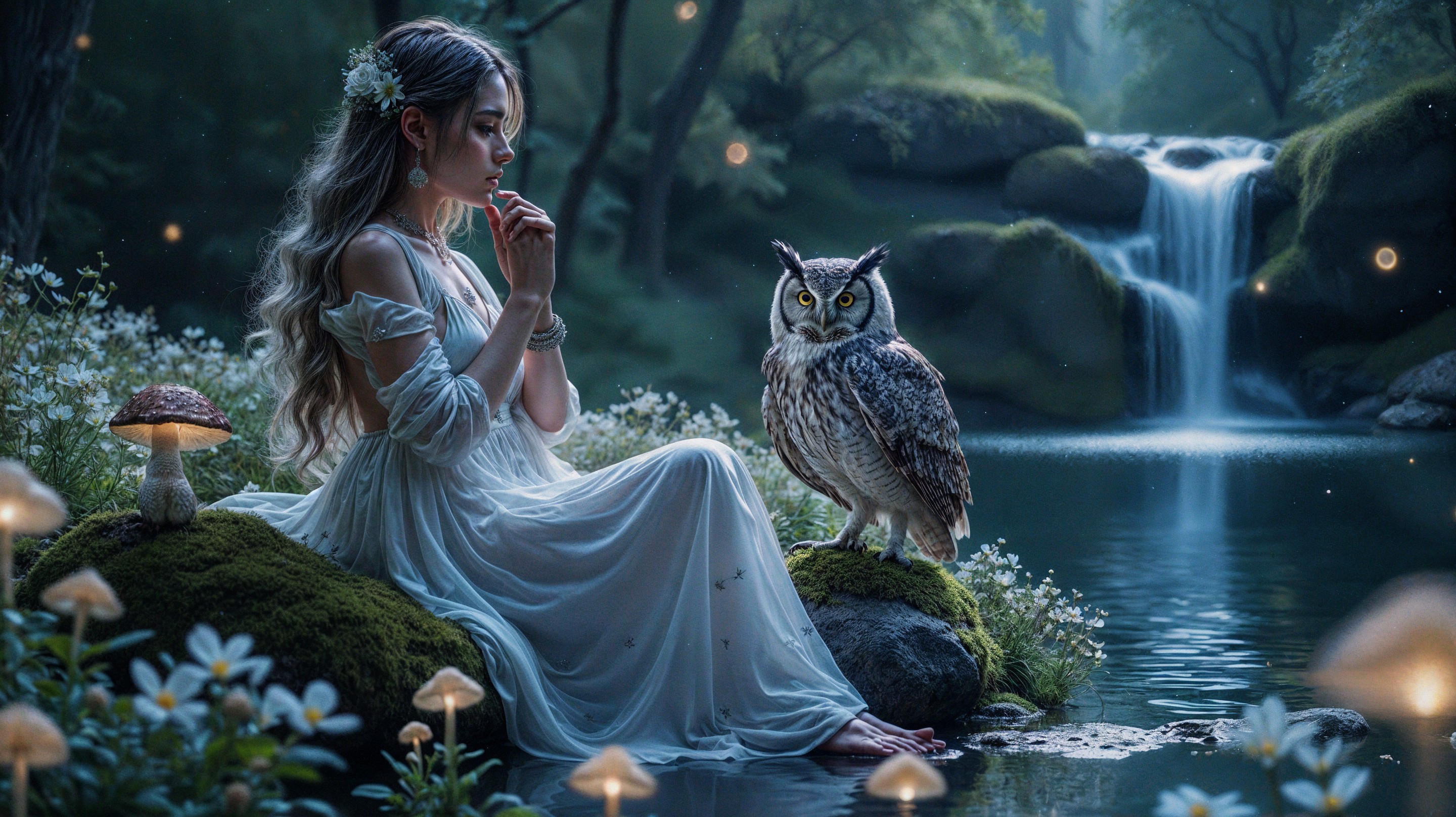 Young Woman by Pond with Owl in Serene Forest