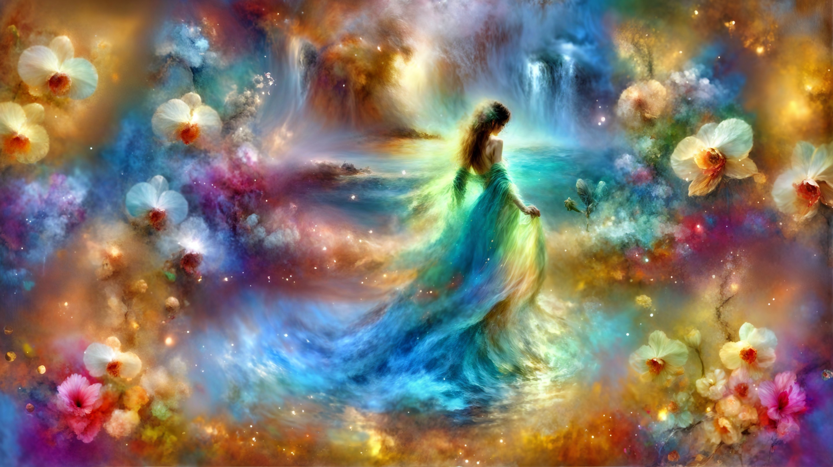 Mystical Scene of Woman by Tranquil Water and Orchids
