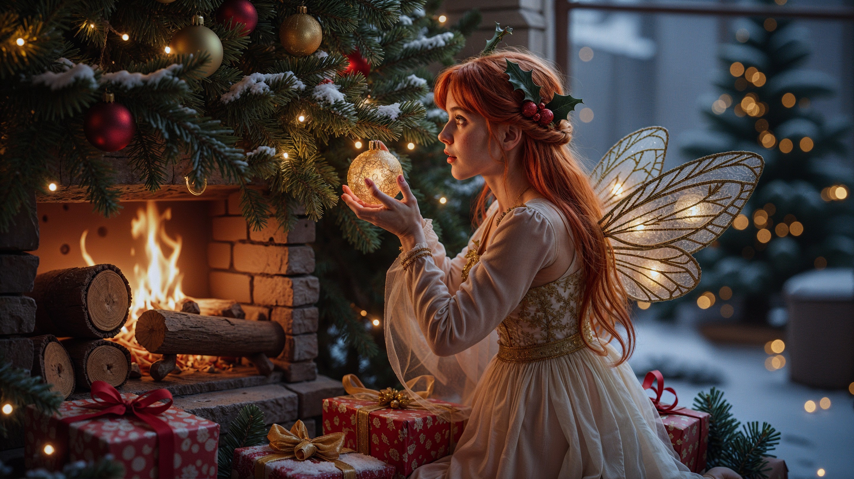Fairy by Fireplace in Enchanting Holiday Scene