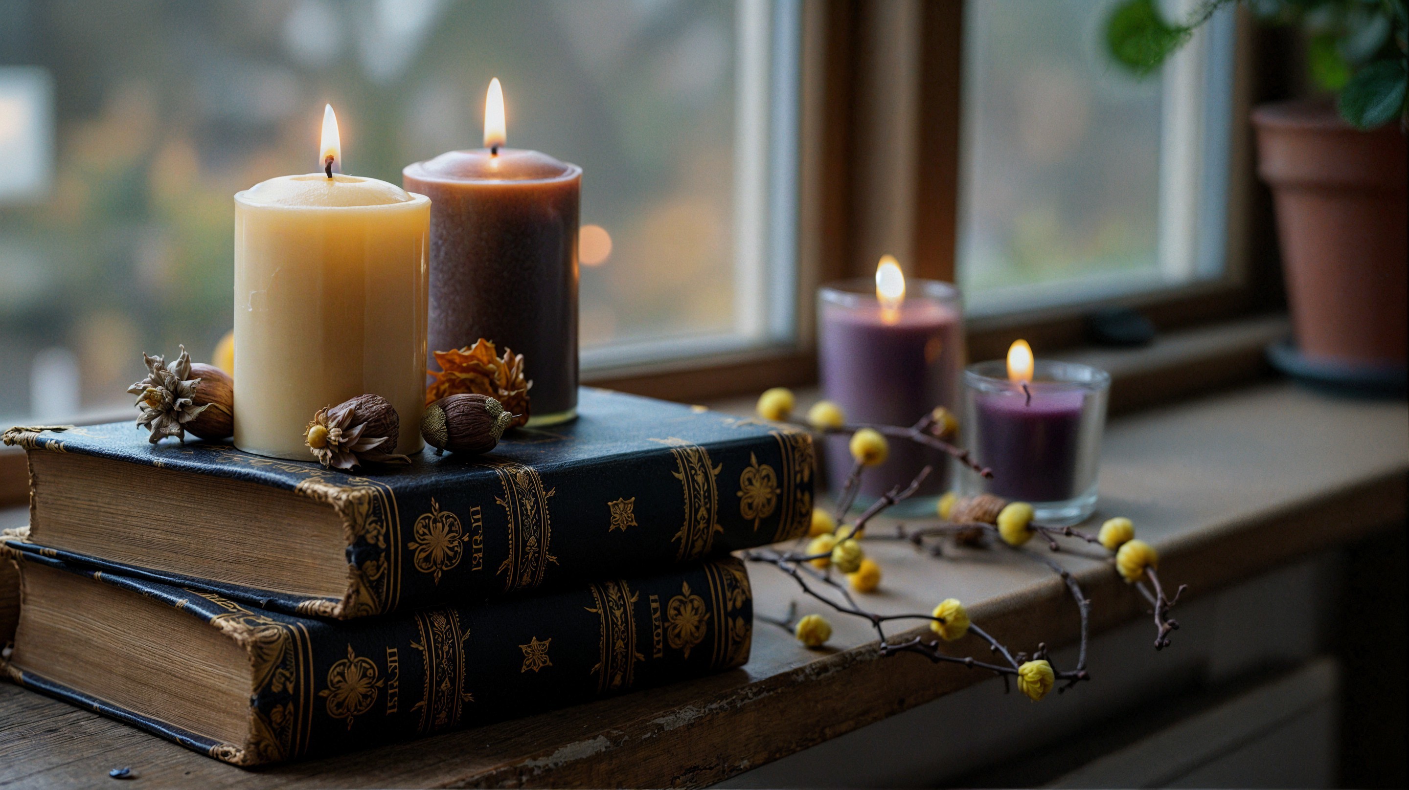 Cozy Window Scene with Vintage Books and Candles