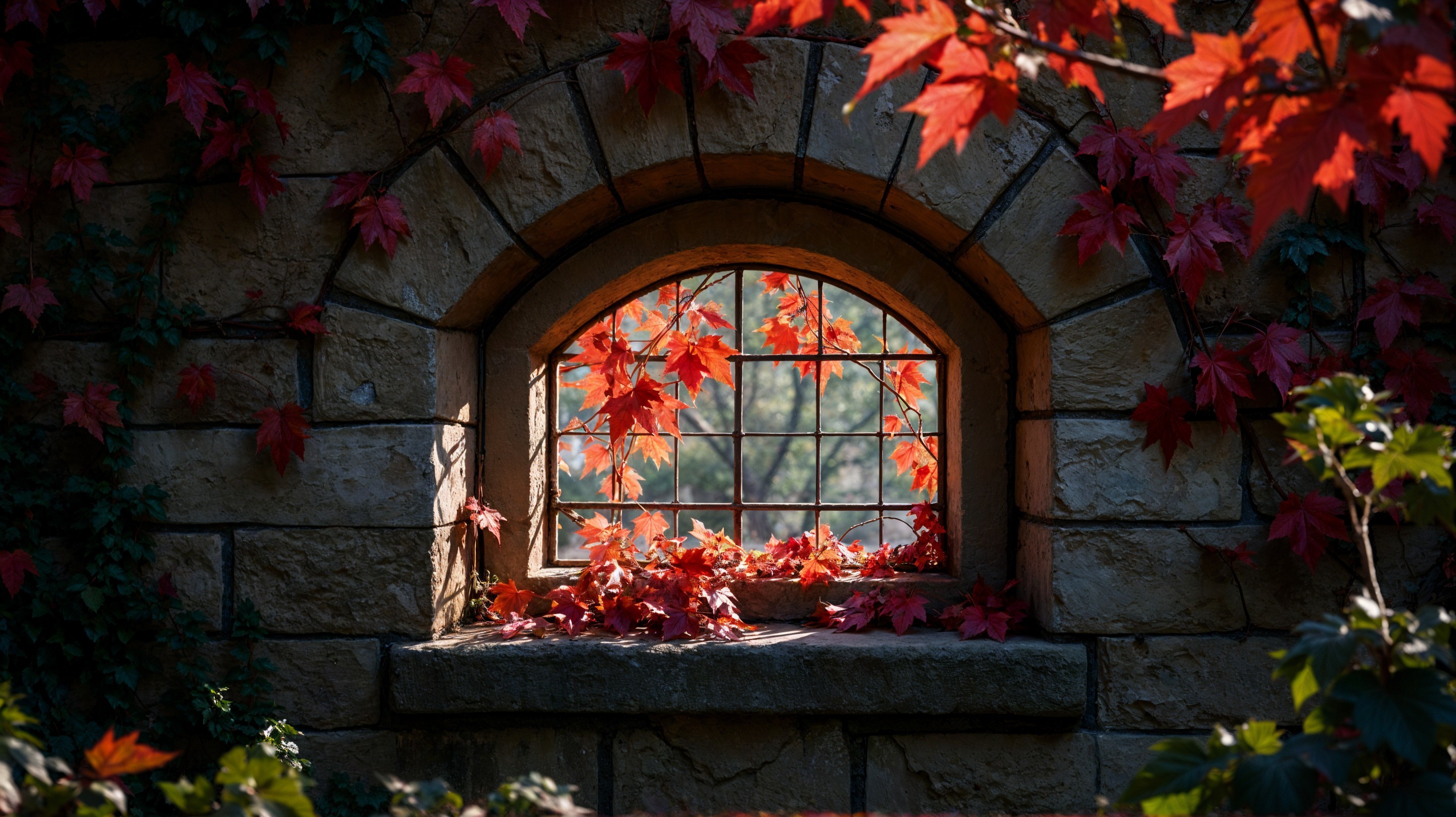 Stone Window Framed by Red Autumn Leaves and Sunlight