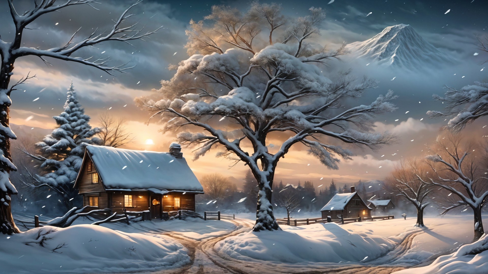 Cozy Cabin in Serene Winter Landscape at Dusk