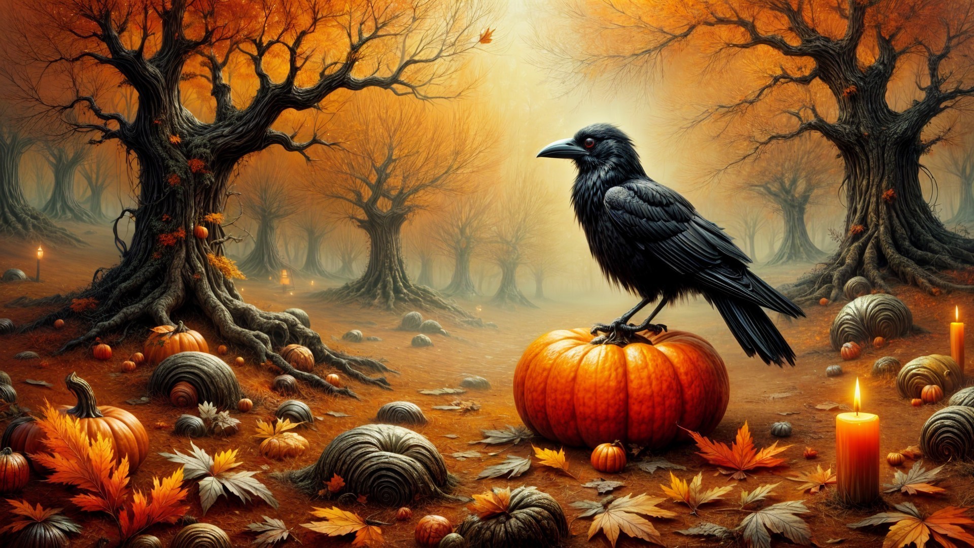 Raven on Pumpkin in Enchanted Autumn Forest Scene