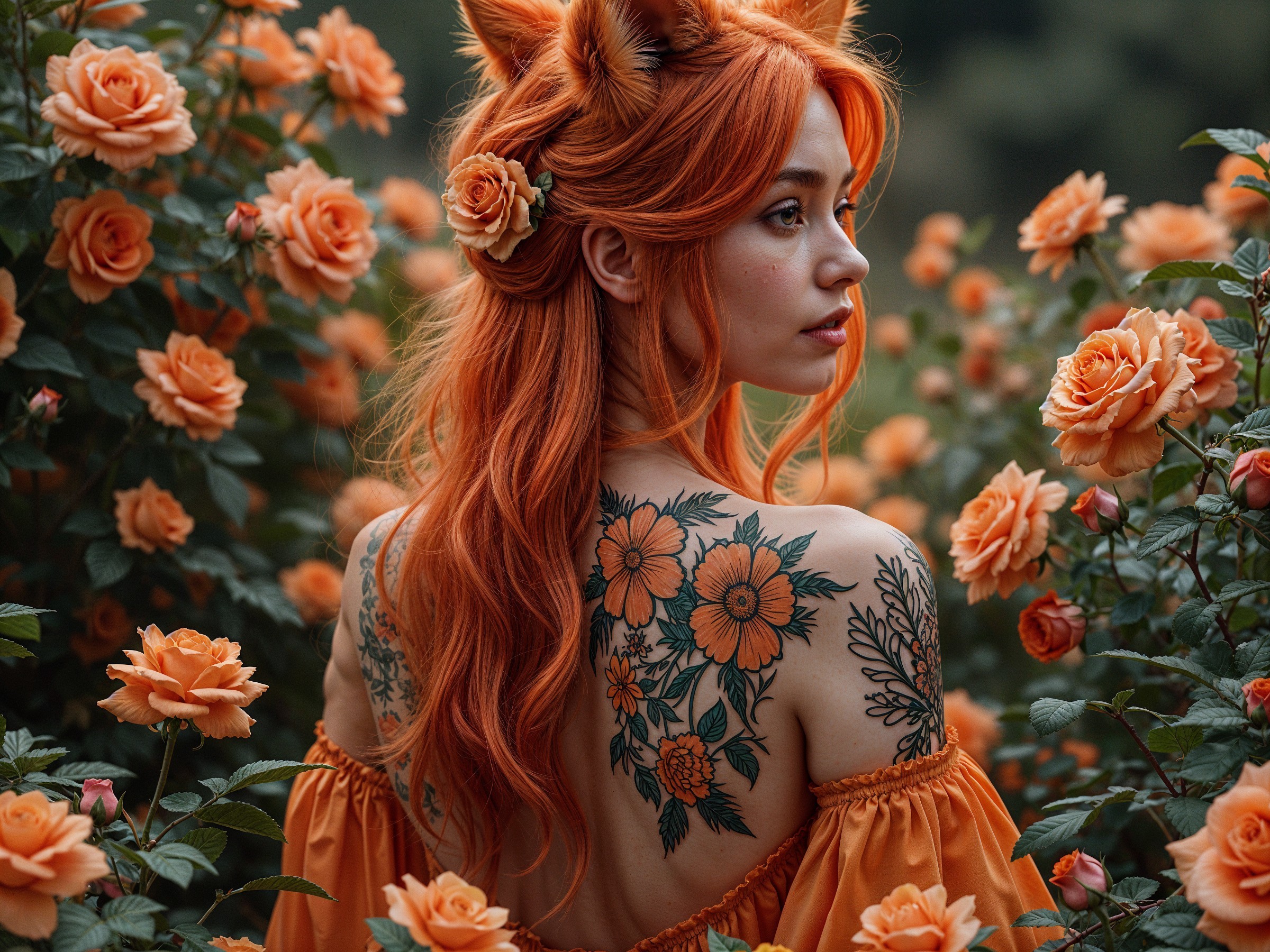 Young woman with orange hair in a rose garden