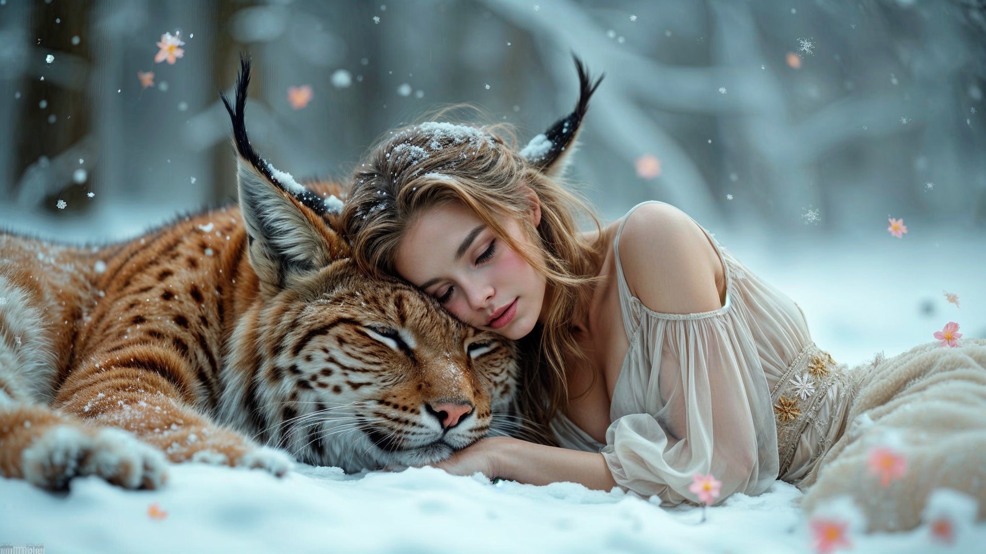 Winter Scene of Girl and Tiger in Snowy Landscape