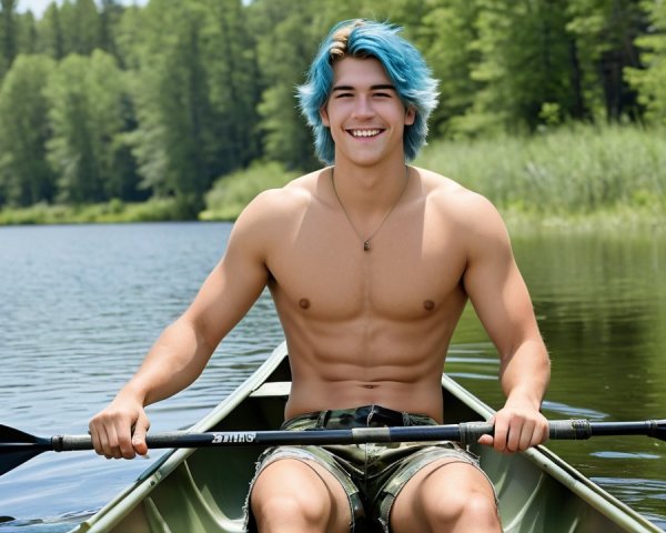 Young man with blue hair canoeing on a tranquil lake