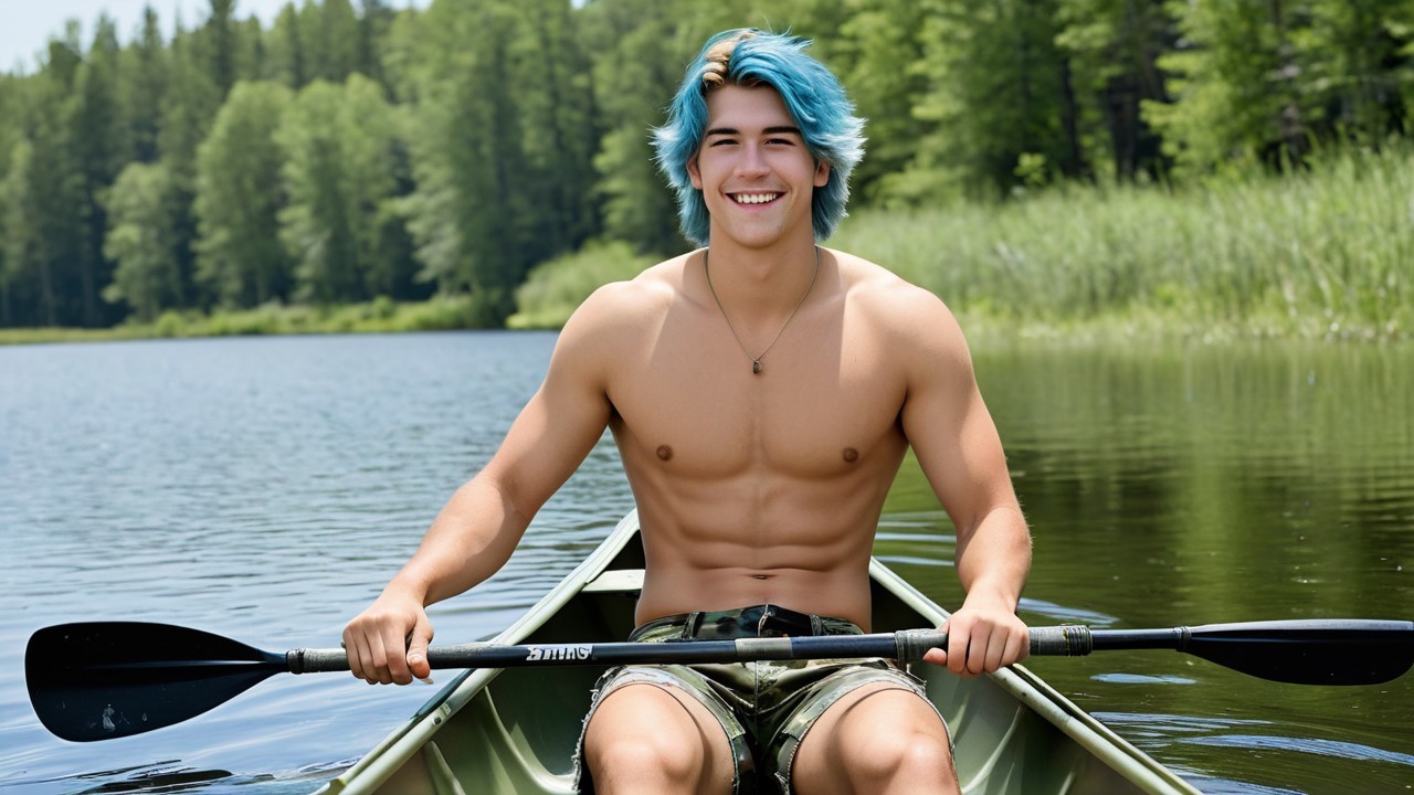 Young man with blue hair canoeing on a tranquil lake