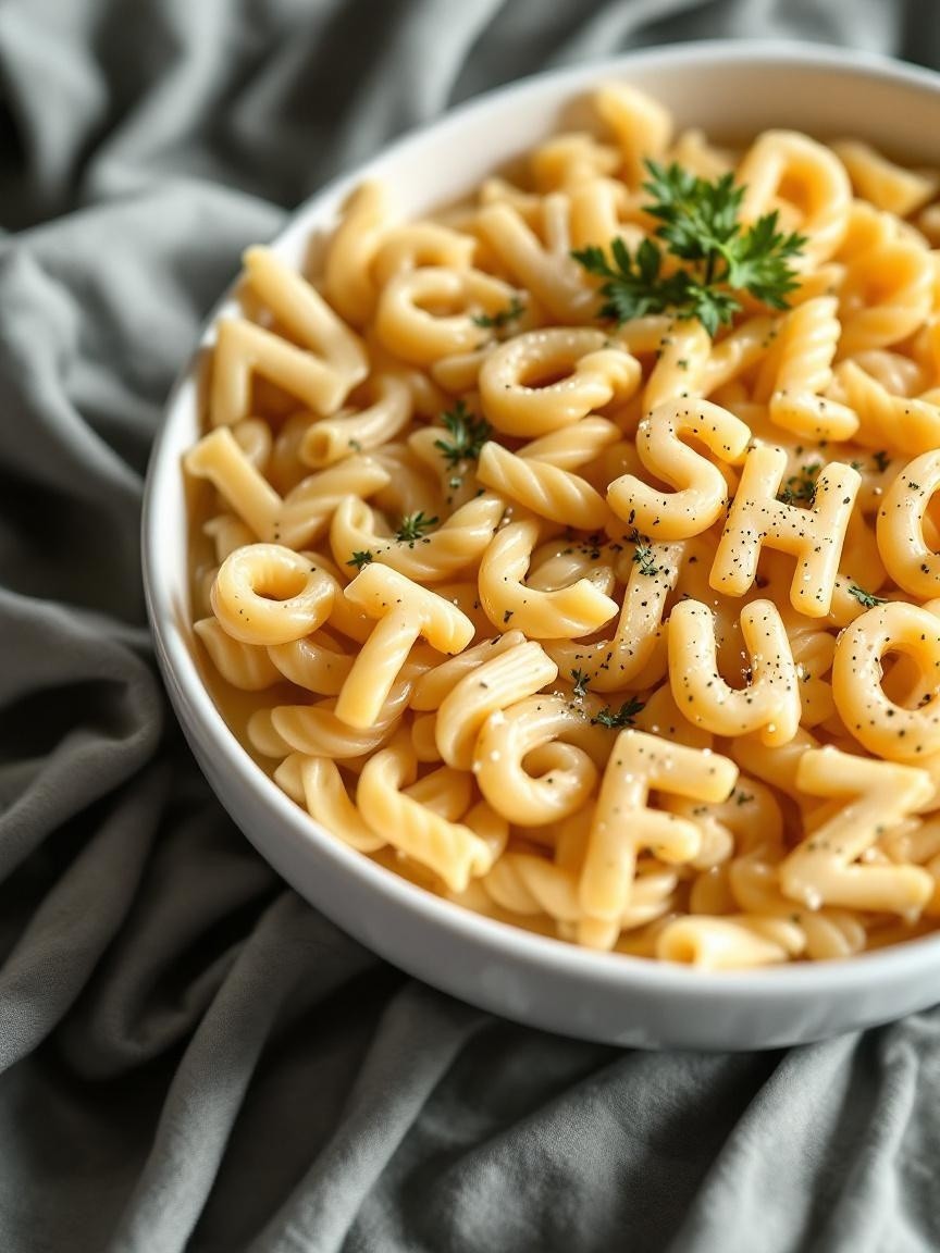 Creamy letter-shaped pasta in a white bowl