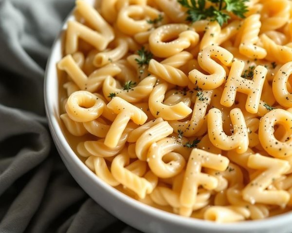 Creamy letter-shaped pasta in a white bowl