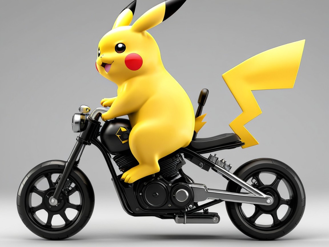 Cartoonish Pikachu on a sleek black motorcycle