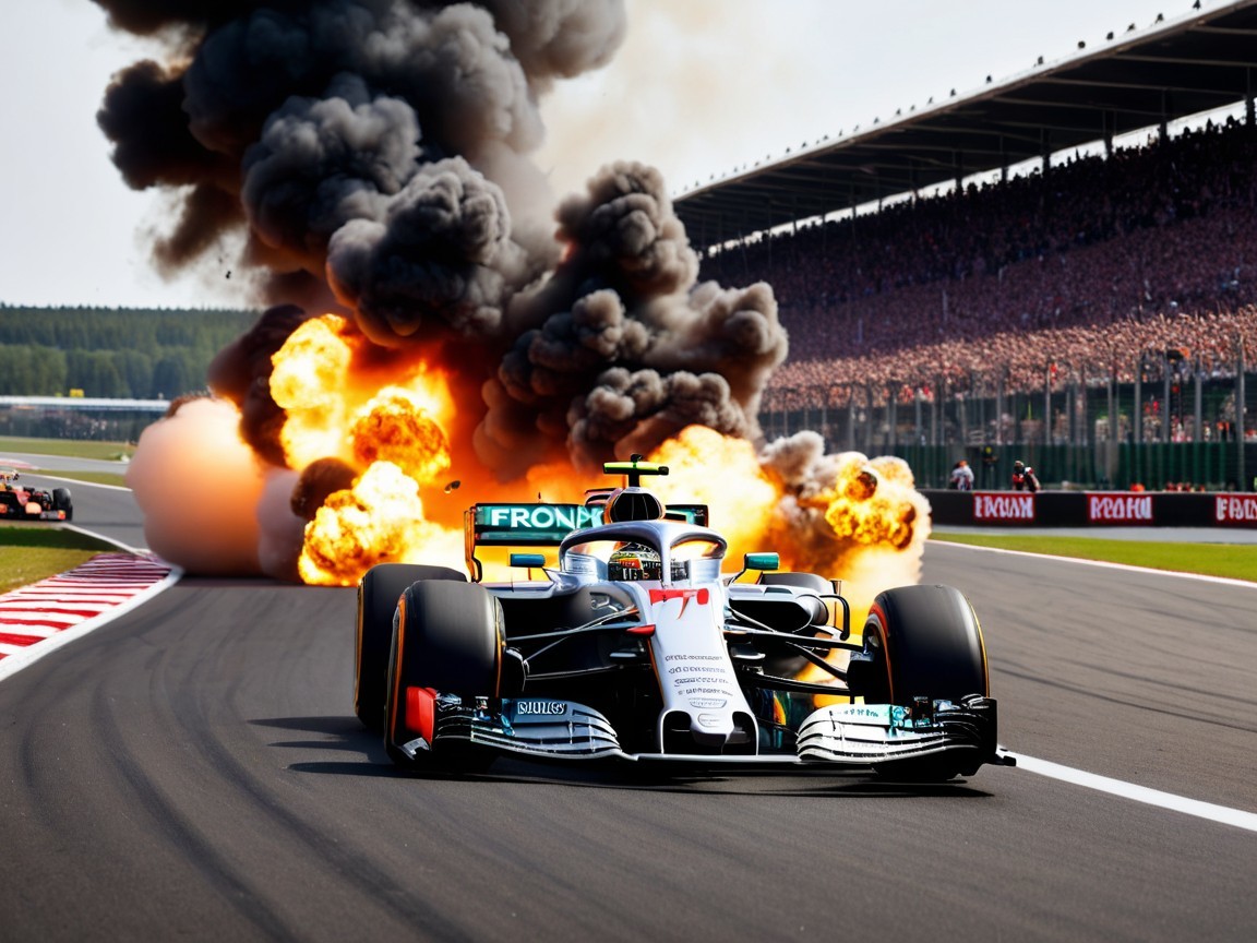 Formula 1 Car Racing Amidst Explosion and Smoke