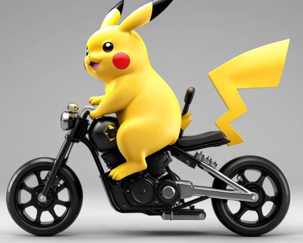 Cartoonish Pikachu on a sleek black motorcycle