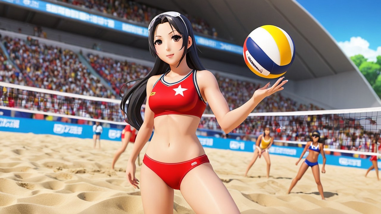Vibrant Beach Volleyball Scene with Animated Character