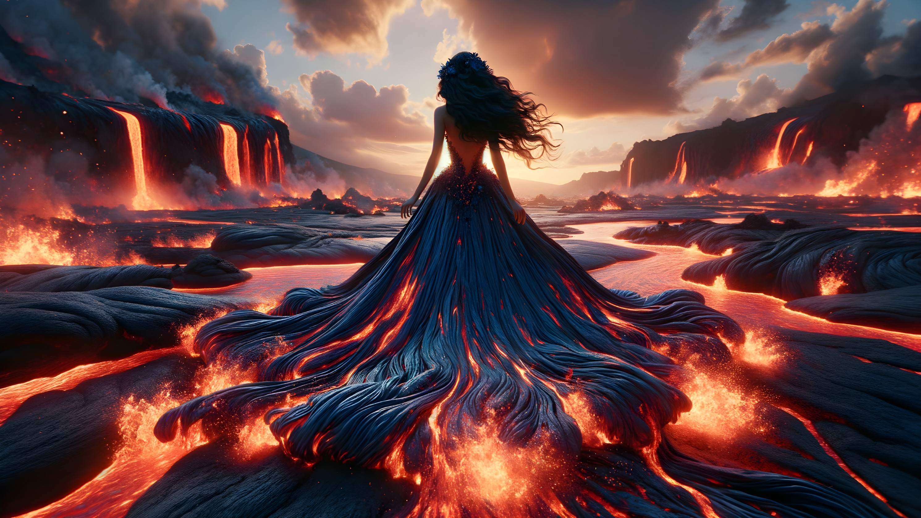 Mystical Figure in Volcanic Landscape at Twilight