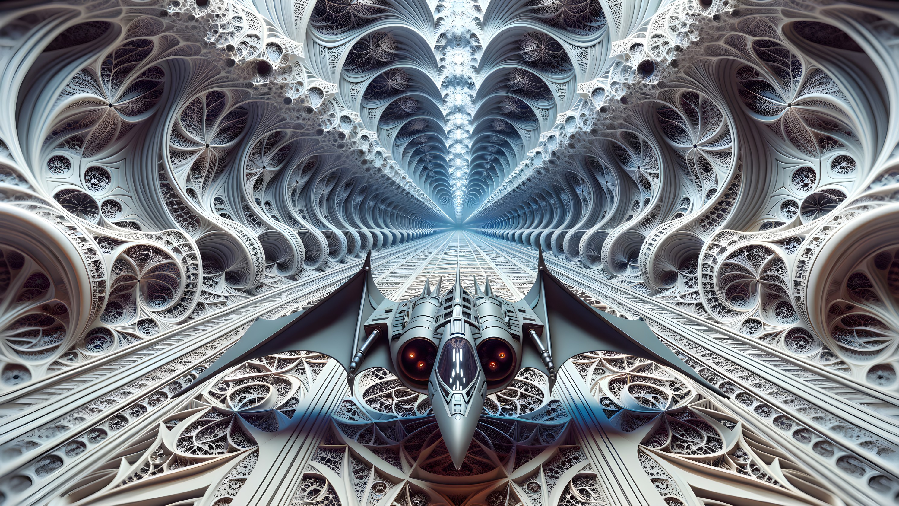 Futuristic spacecraft in intricate fractal tunnel design