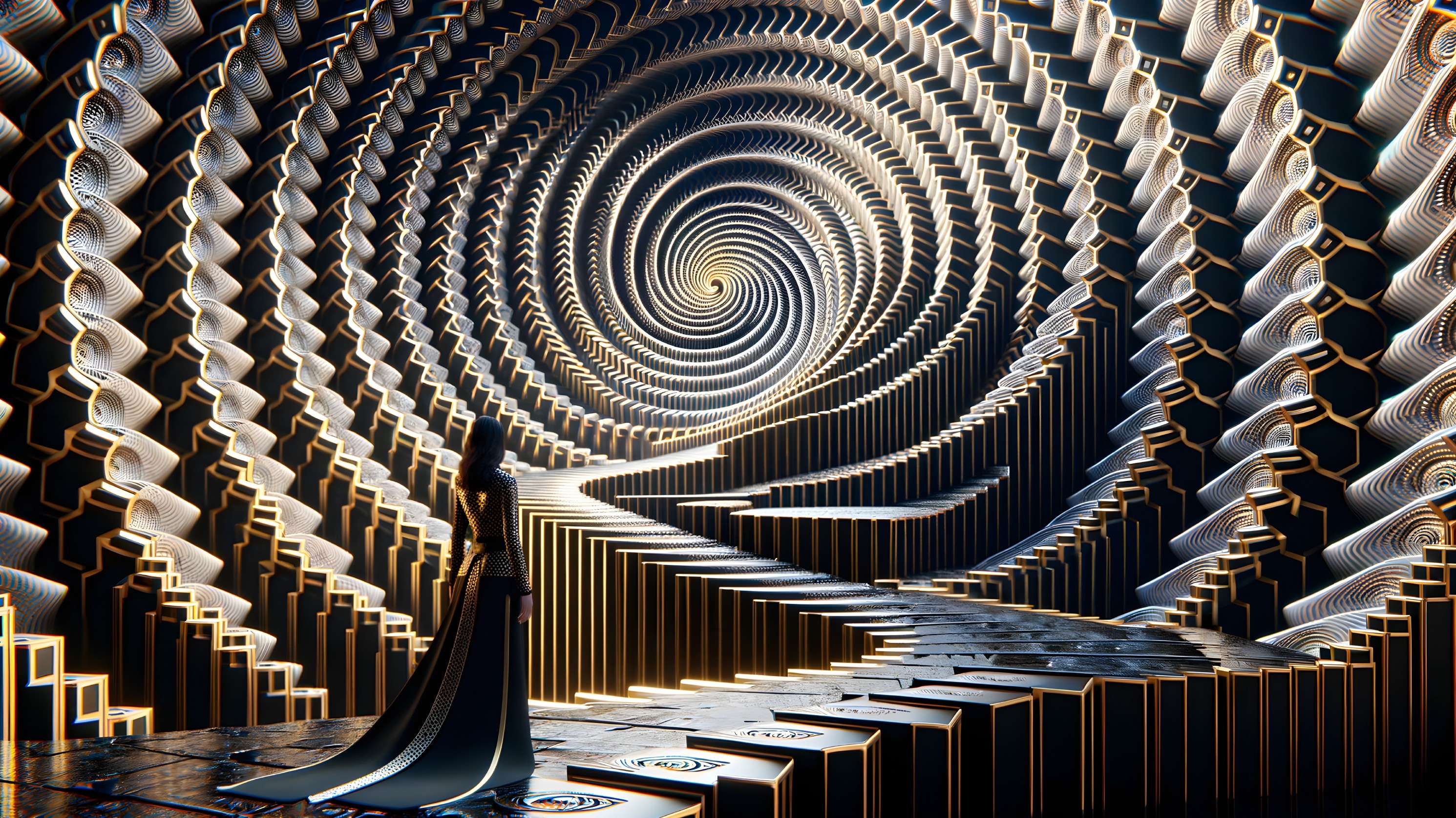 Spiral Tunnel with Geometric Patterns and Golden Glow